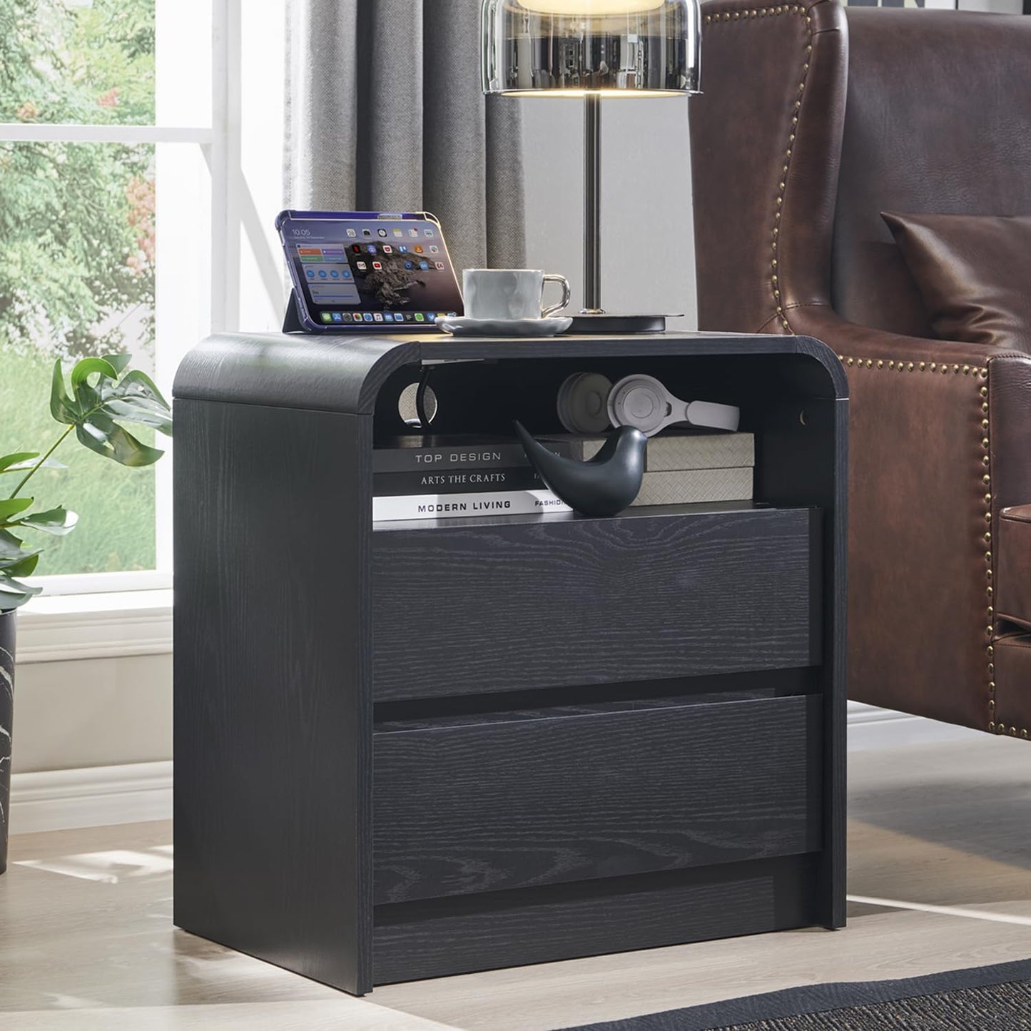 25" Tall Modern Nightstand with Charging Station, 23.6'' Wide Wood Bedside Table w/2 Storage Drawers, Large Mid Century End Table for Bedroom, Living Room, Curved Profile Design, Black