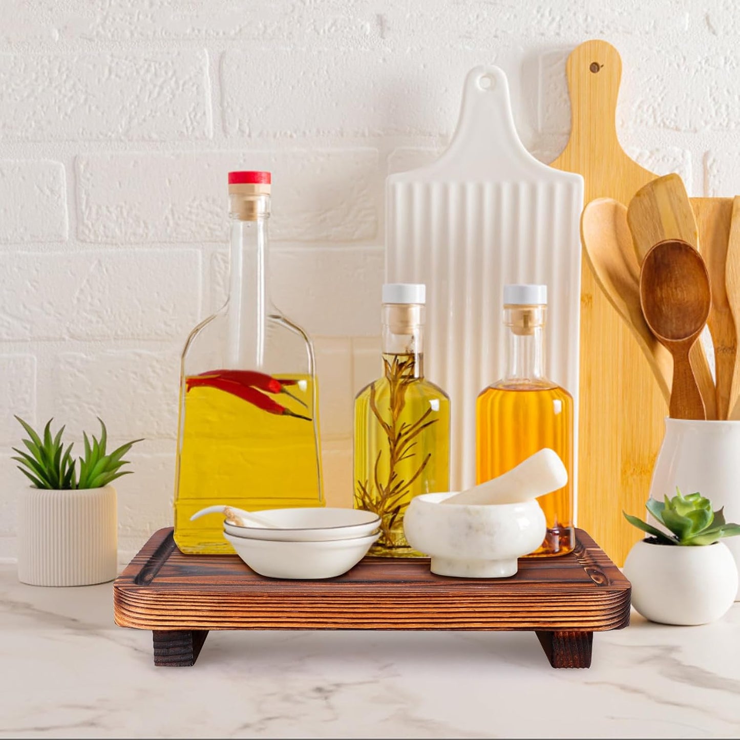 Farmhouse Bathroom Counter Tray Wood Risers Display Stands Kitchen Countertop Trays Decorative Wooden Pedestal Stand Dish Soap Dispenser Holder for Bathroom Sink Accessories Kitchen Decor Vanity Tray