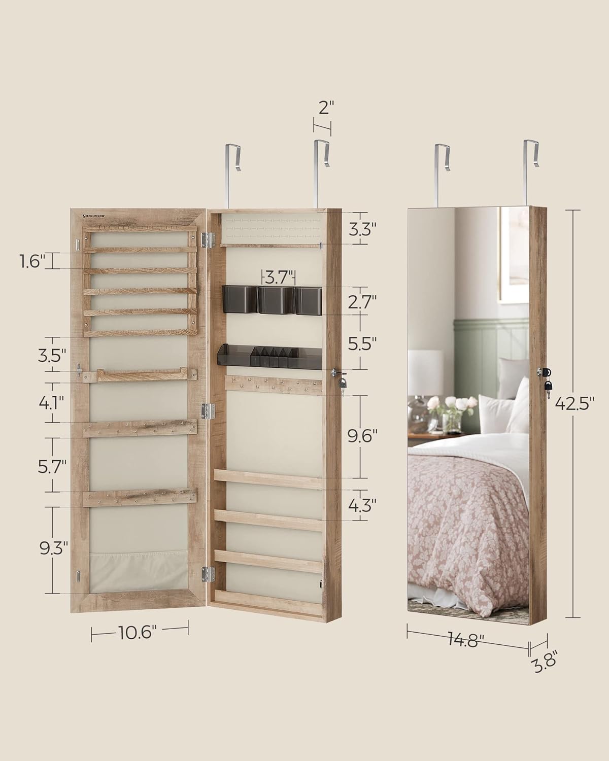 SONGMICS Mirror Jewelry Cabinet Armoire, Wall or Door Mounted Jewelry Storage Organizer, Hanging Lockable Frameless Mirror Cabinet with 2 Cosmetic Organizers, Christmas Gift Idea, Toasted Oak Color