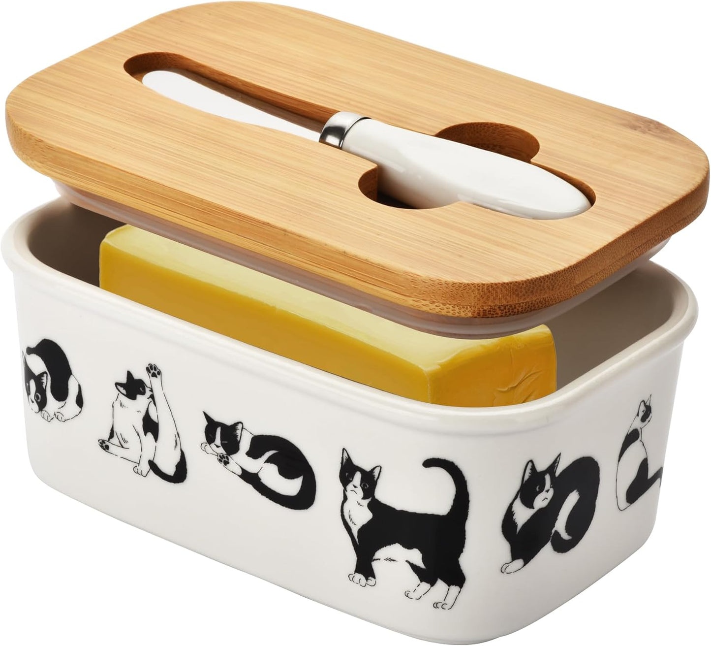 Cute Flamingos Large Butter Dish with Lid for Countertop,Ceramic Covered Butter Holder with Knife for Fridge, Airtight Butter Keeper Container Storage for East West Coast Butter,White
