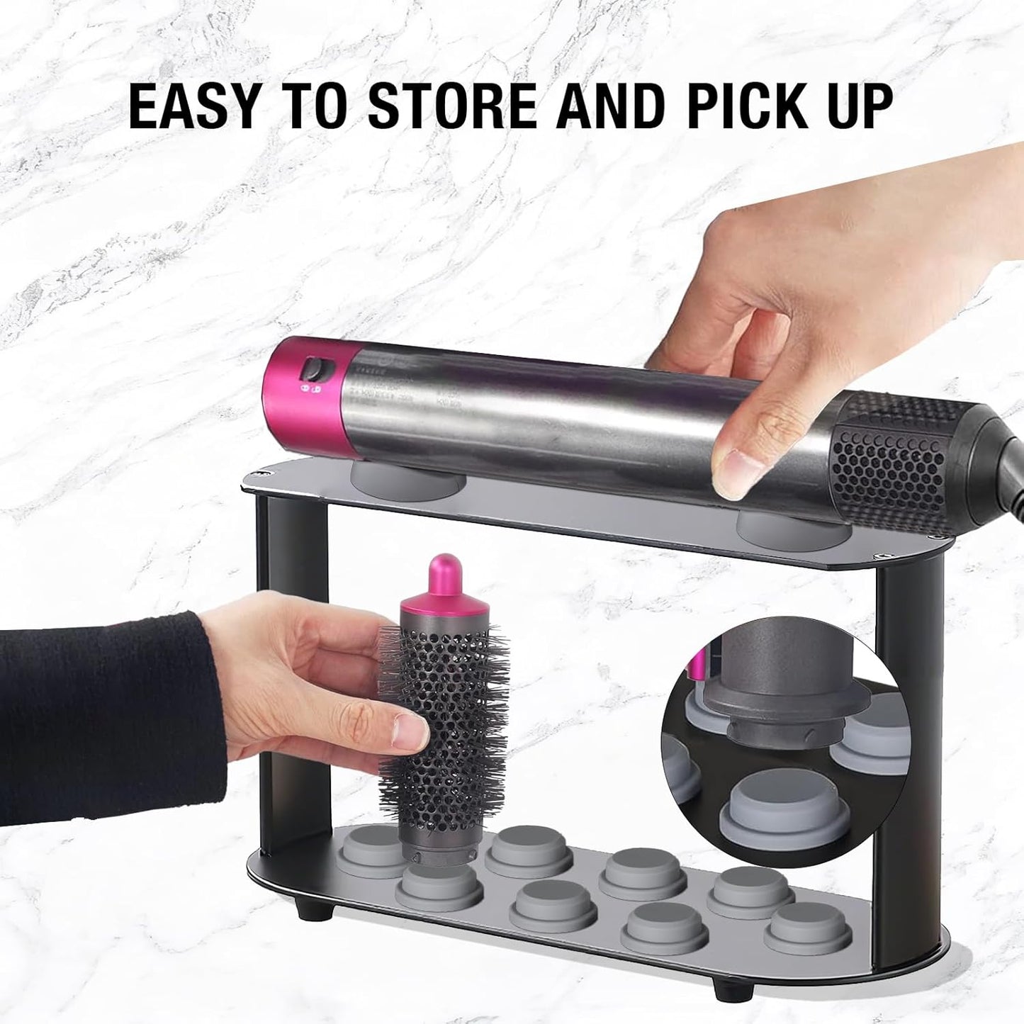 Holder for Dyson Airwrap 6" Barrel Only | Sturdy Metal Storage Rack with Protective Silicone Pad | Countertop Organizer for Attachments & Curling Iron with Self-Adhesive Hook, Black