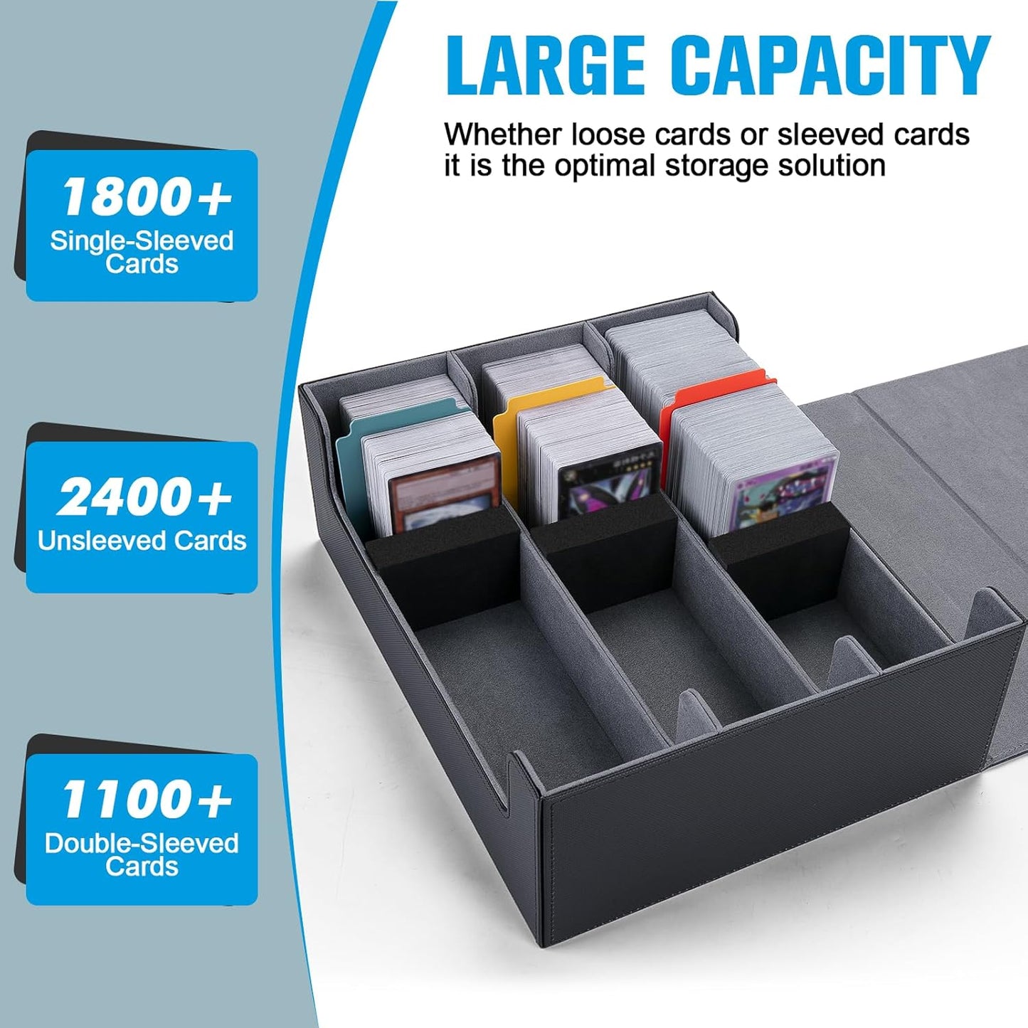 Trading Card Storage Box with 12 Dividers and 6 Foam Stoppers, Large Capacity Sturdy Leather Strong Magnetic Closure MTG Commander Deck Box, Case for TCG MTG Sport Card (Holds 1800+)