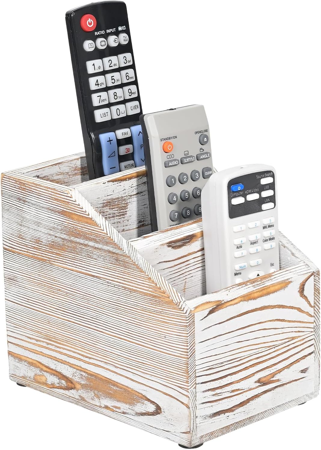 Wooden Remote Control Holder Organizer, 3 Compartment Storage Slots, TV Remote Holder for Table, TV Remote Media Remote Storage Box for Living Room (Vintage White)