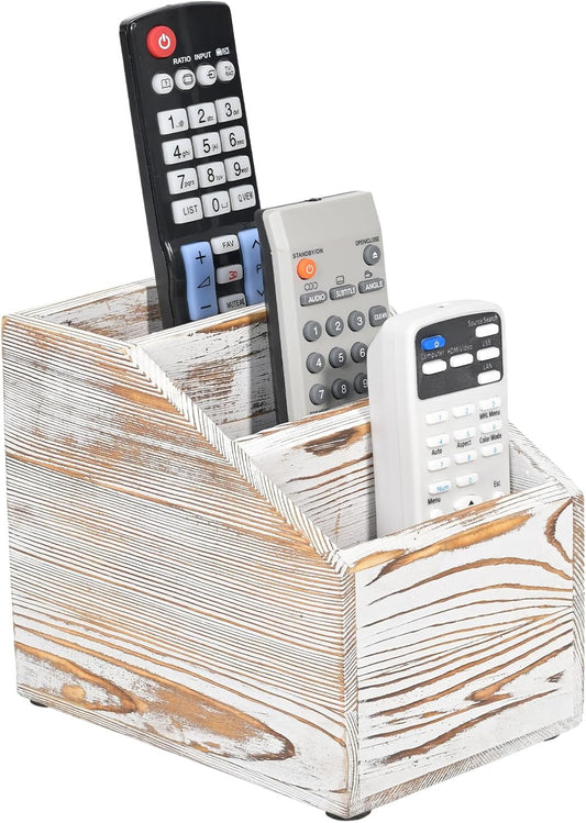 Wooden Remote Control Holder Organizer, 3 Compartment Storage Slots, TV Remote Holder for Table, TV Remote Media Remote Storage Box for Living Room (Vintage White)