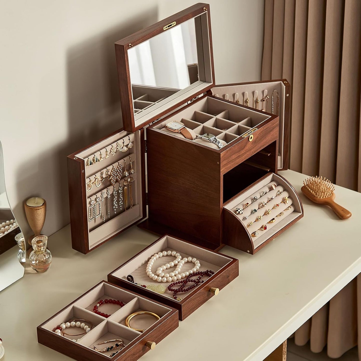 Black Walnut Wooden Jewelry Box, Wood Jewelry Organizer with 2 Side Doors Mirror Lockable Classical for Watch Necklace Ring Earring Storage Christmas Gifts-4 Layer with Curved Ring Grooves