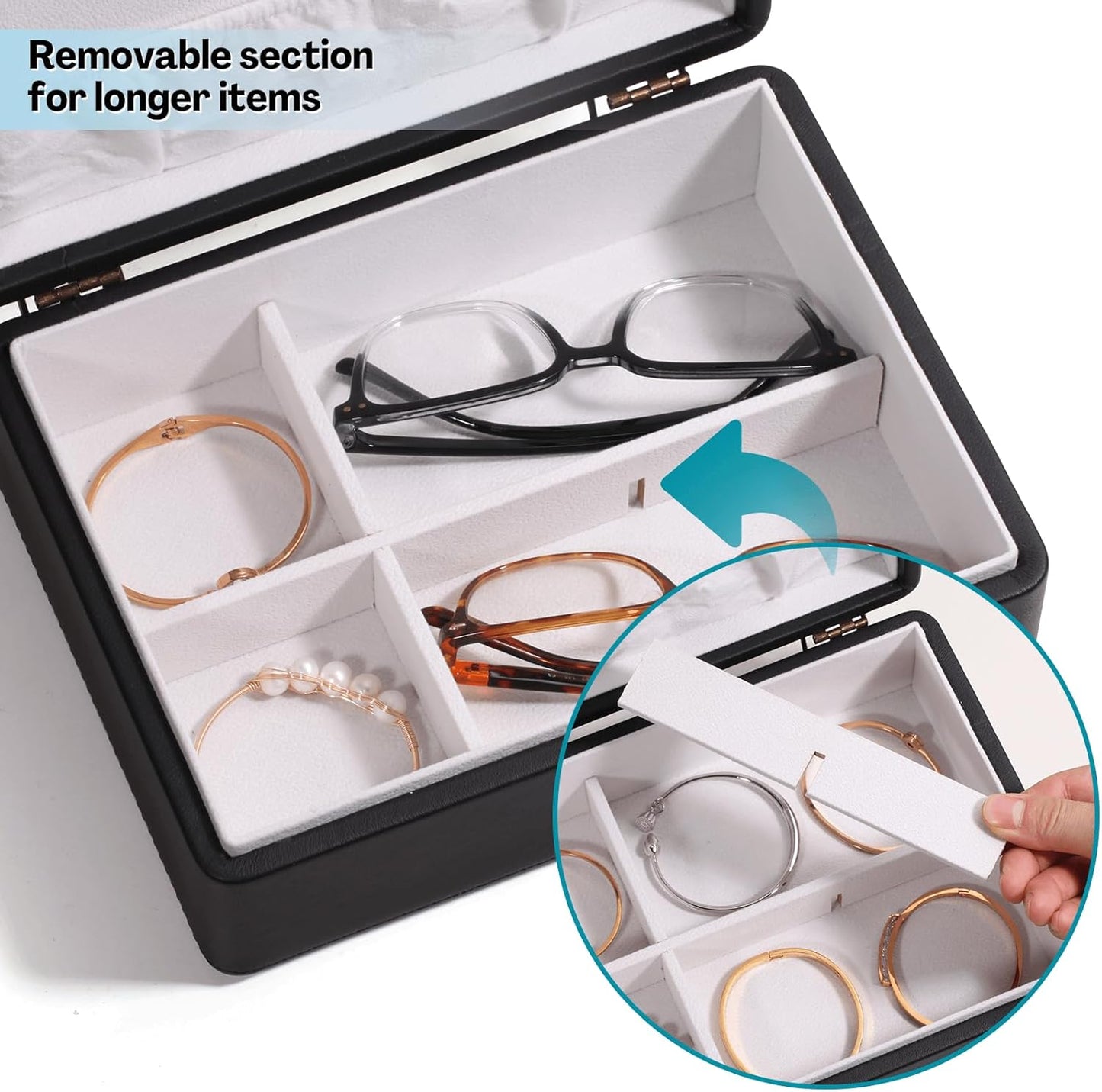 LAMOTI 2-Layer Jewelry Box for Women, Floating Effect Leather Jewelry Organizer with Detatchable Tray for Rings, Earrings, Necklaces & Bracelets (Black)