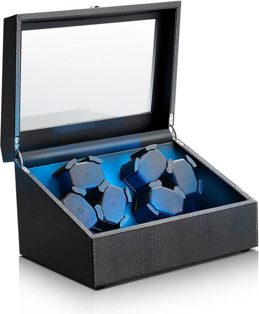 Watch Winder for Automatic Watches,Ultra Quiet Motor,4 Automatic Watches and 6 Extra Watch Storage Spaces, PU Leather Crocodile Styling