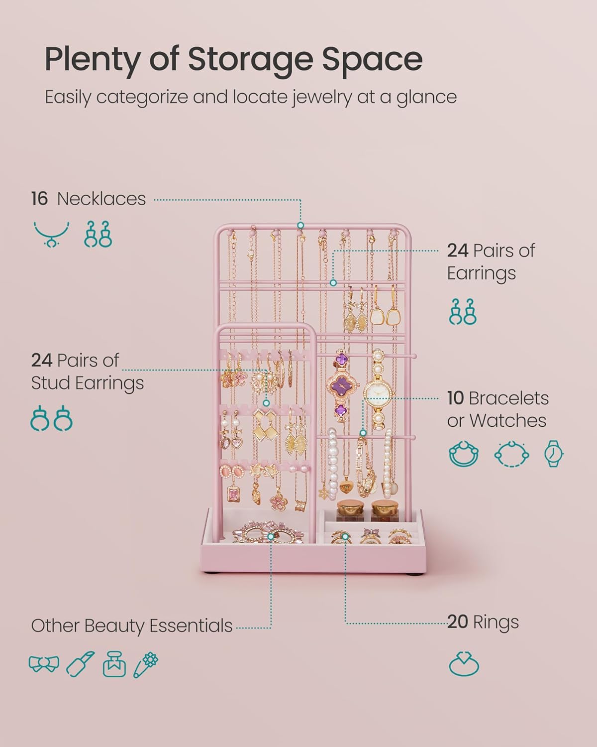 SONGMICS Jewelry Holder, Jewelry Organizer, Jewelry Display Stand with Metal Frame, Velvet Tray, Necklace Earring Bracelet Holder, for Studs, Rings, Christmas Gift, Jelly Pink UJJS021R01