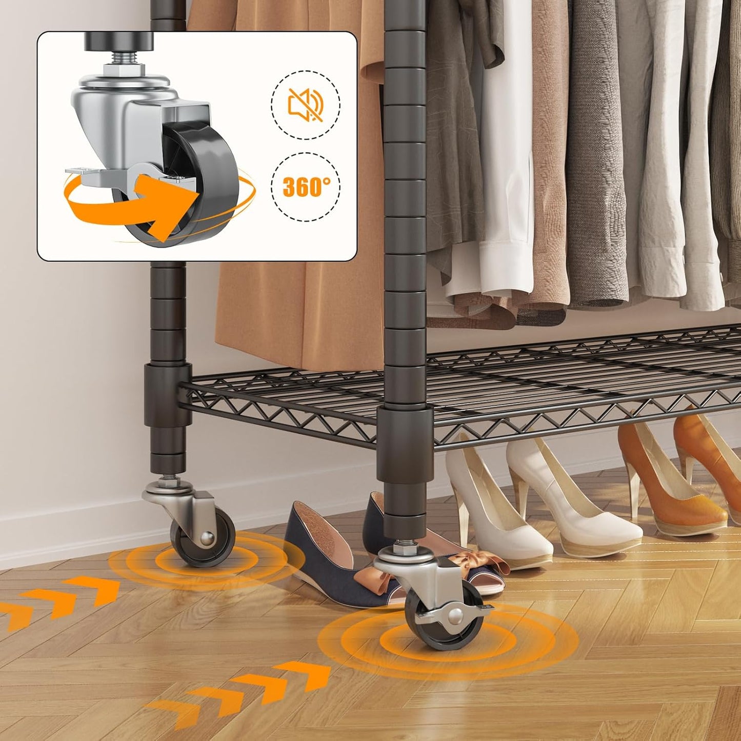 BATHWA Heavy Duty Garment Rack on Wheels, Rolling Clothes Racks for Hanging Storage, Simple Sturdy Metal Wardrobe Closet with Double Rods, 8 Side Hangers, 3 Shelves, Black