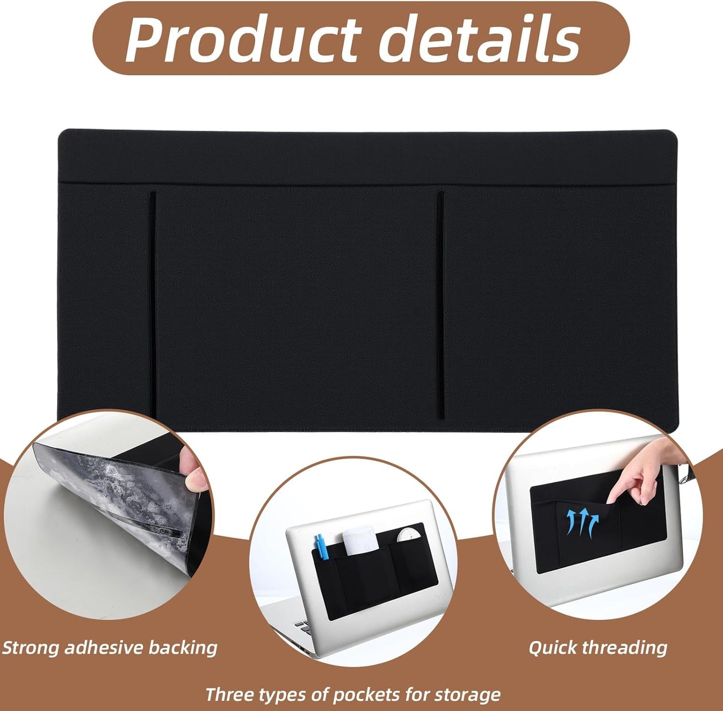 3-Pocket Adhesive Pouch for Laptop Mouse Holder for Laptop Stick on Portable Drive Sleeve Reusable Mouse Headset Storage Bag for SSD HDD USB Drive Cables Computer Accessories