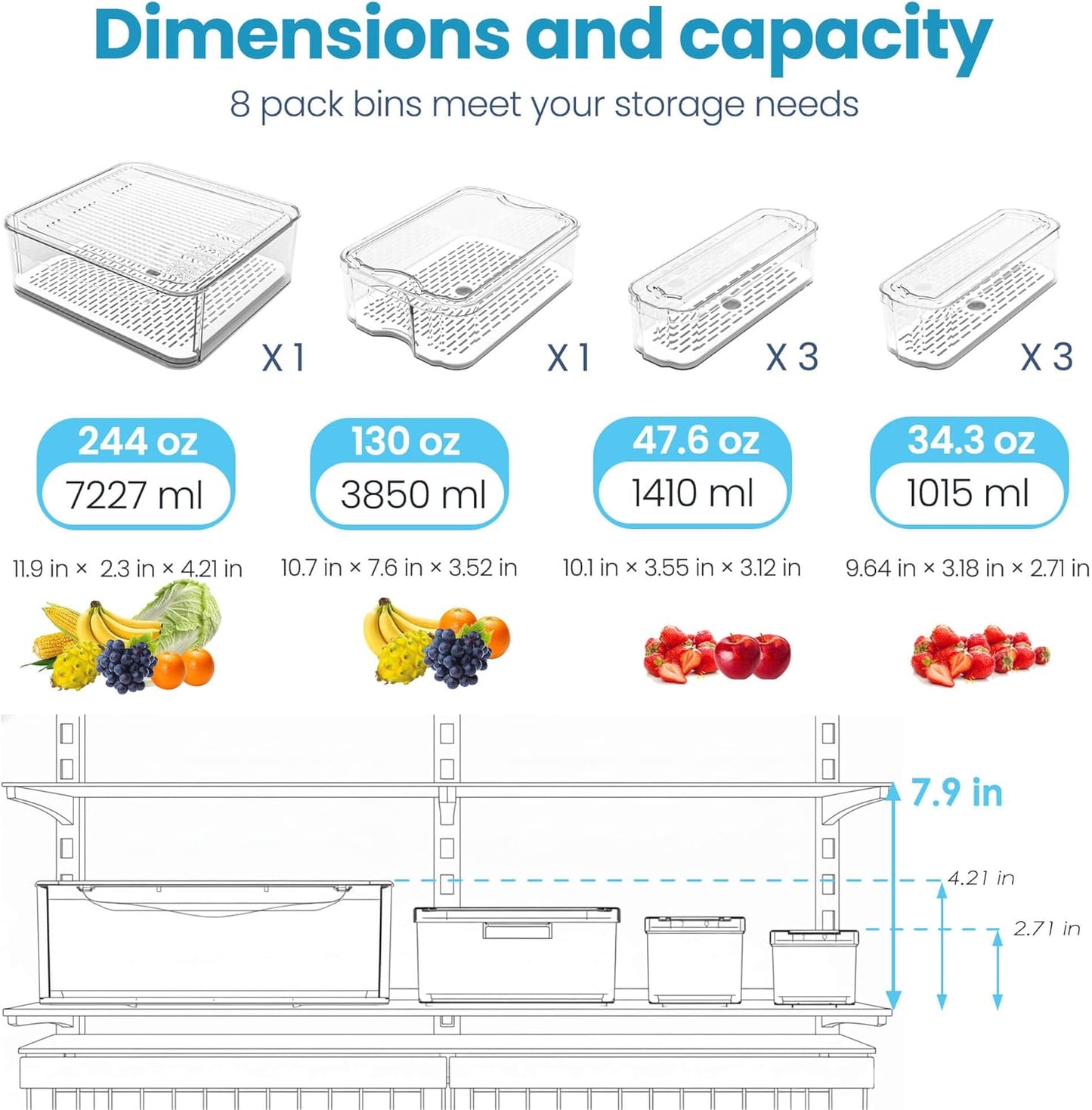 8 Pack Refrigerator Organizers and Storage, Clear Pull-out Drawer Container and Organizer Bins with Lids, Stackable Storage Containers for Fruits, Vegetable (Set of 8 (Include Pull-out Drawer))