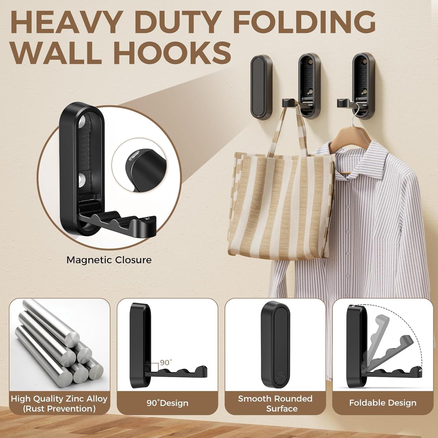 4-Pack Heavy Duty Zinc Alloy Folding Wall Hooks for Bathroom, Kitchen, Entryway, Closet - Space-Saving Design Holds Coats, Towels, Backpacks, Hats, Keys (Black)