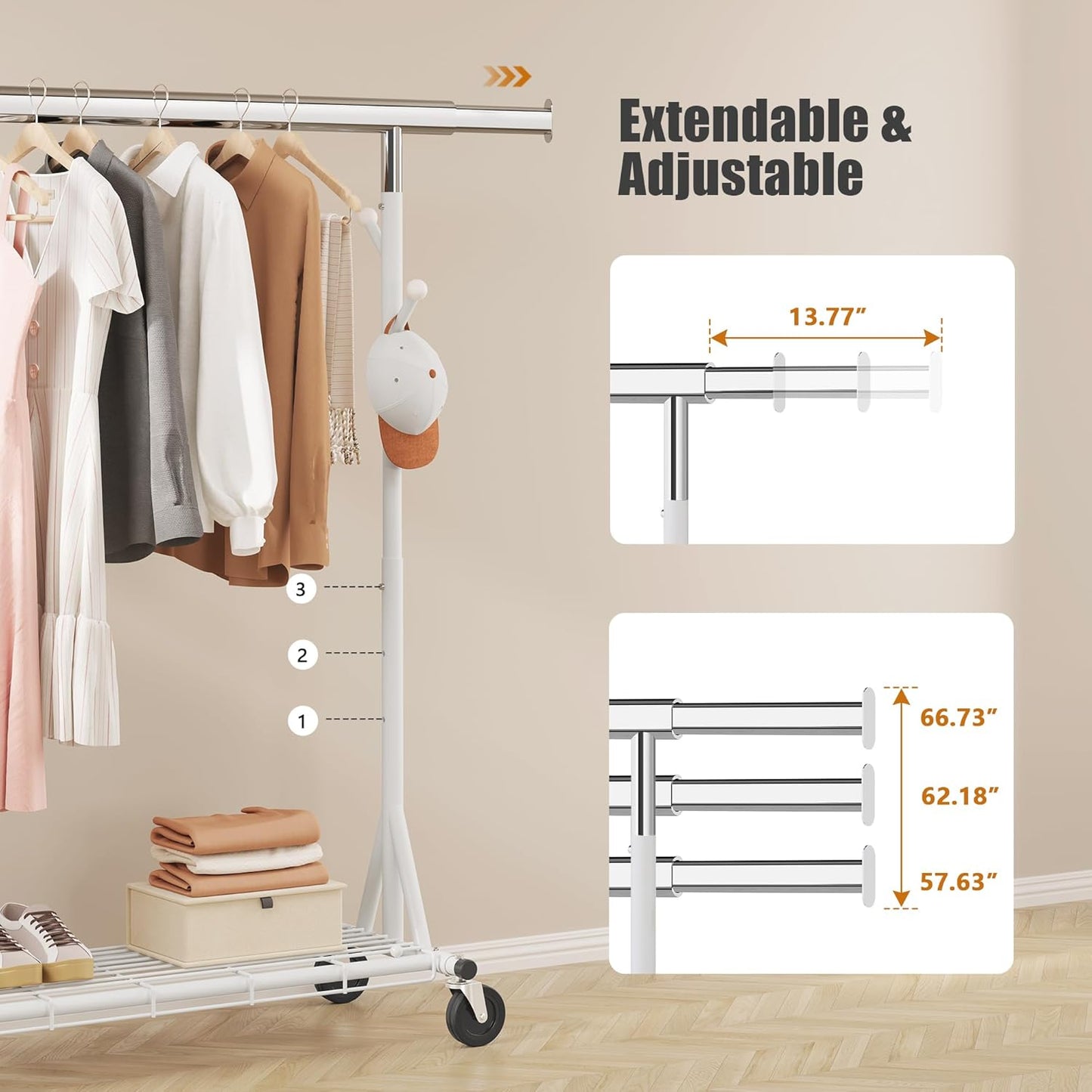 Heavy Duty Clothes Rack, 530 lbs Load Capacity Metal Garment Rack on Wheels - Collapsible Adjustable Portable Storage with Hooks, White