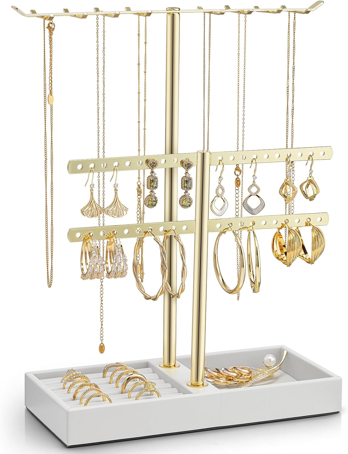 Vlando 2 Tier Jewelry Stand Organizer with Tary, Leather Jewelry Holder Display for Women, Gold Jewlery Holder Stand for Necklace, Earring, Bracelet, Rings - White