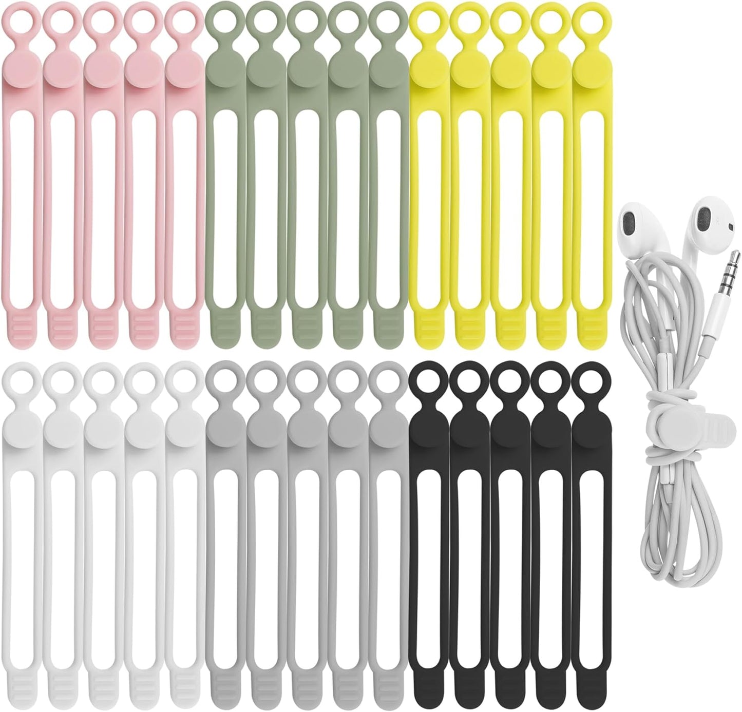30Pcs Nearockle Silicone Cable Ties for Bundling Earphone, Phone Charger, Computer Cords, Reusable Cord Organizer Cable Management in Home,Office,Kitchen,School (6 Colors)