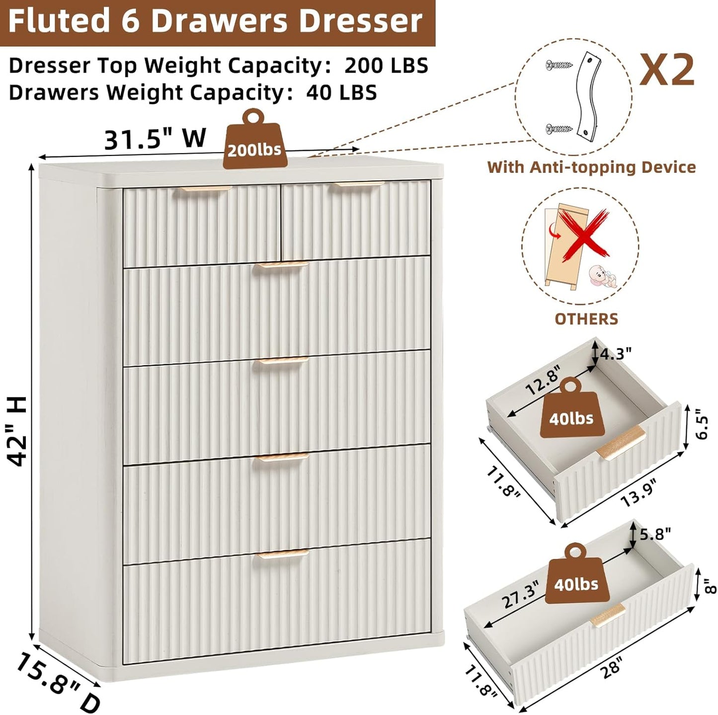 LEYAOYAO Fluted 6 Drawers Dresser for Bedroom Set of 2, 42" Tall Modern Chest of Drawers with Metal Handle, Curved Profile Design,White Wood Drawer Organizer for Bedroom, Living Room, Hallway