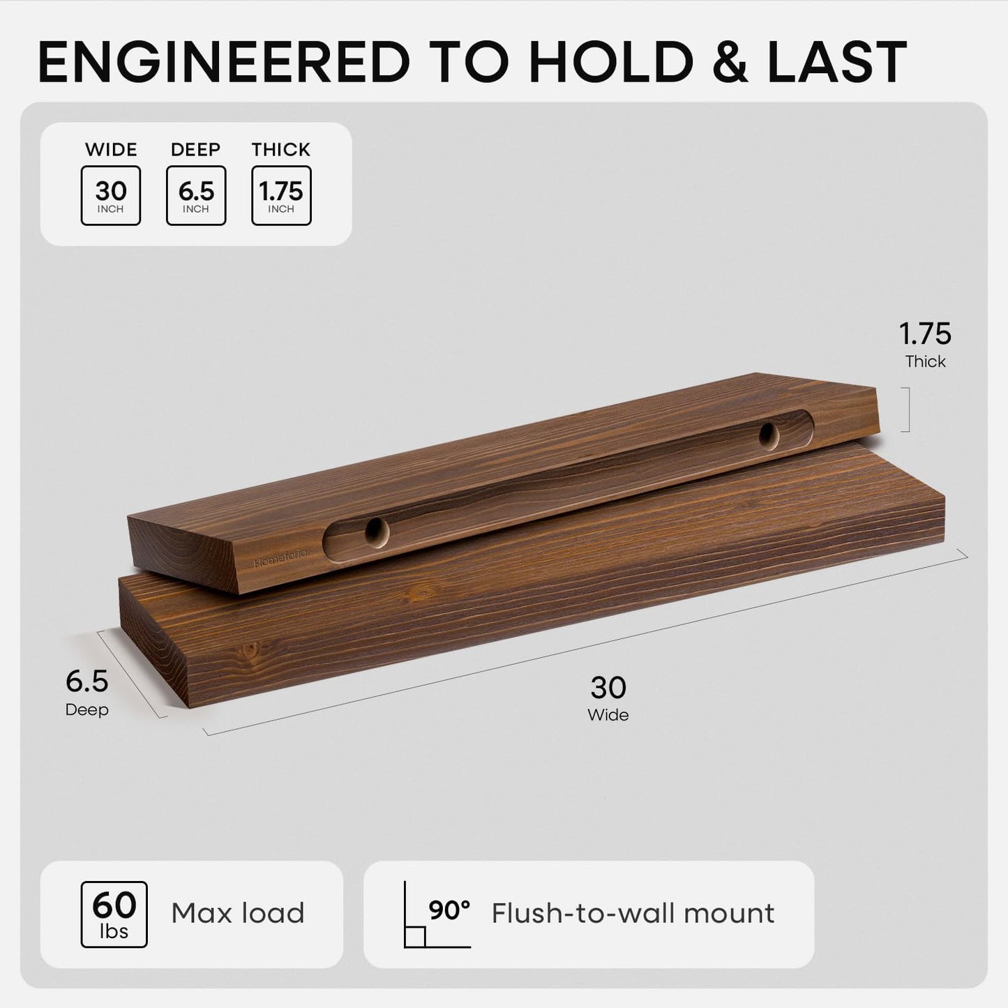 Homeforia Classic Walnut 30 inch Floating Shelf, High End Solid Real Wood Small 30inch Floating Shelves for Wall Mounted, 30in Floating Shelves, Heavy Duty Bracket, 30 X 6.5 X 1.75 inches, Set of 4