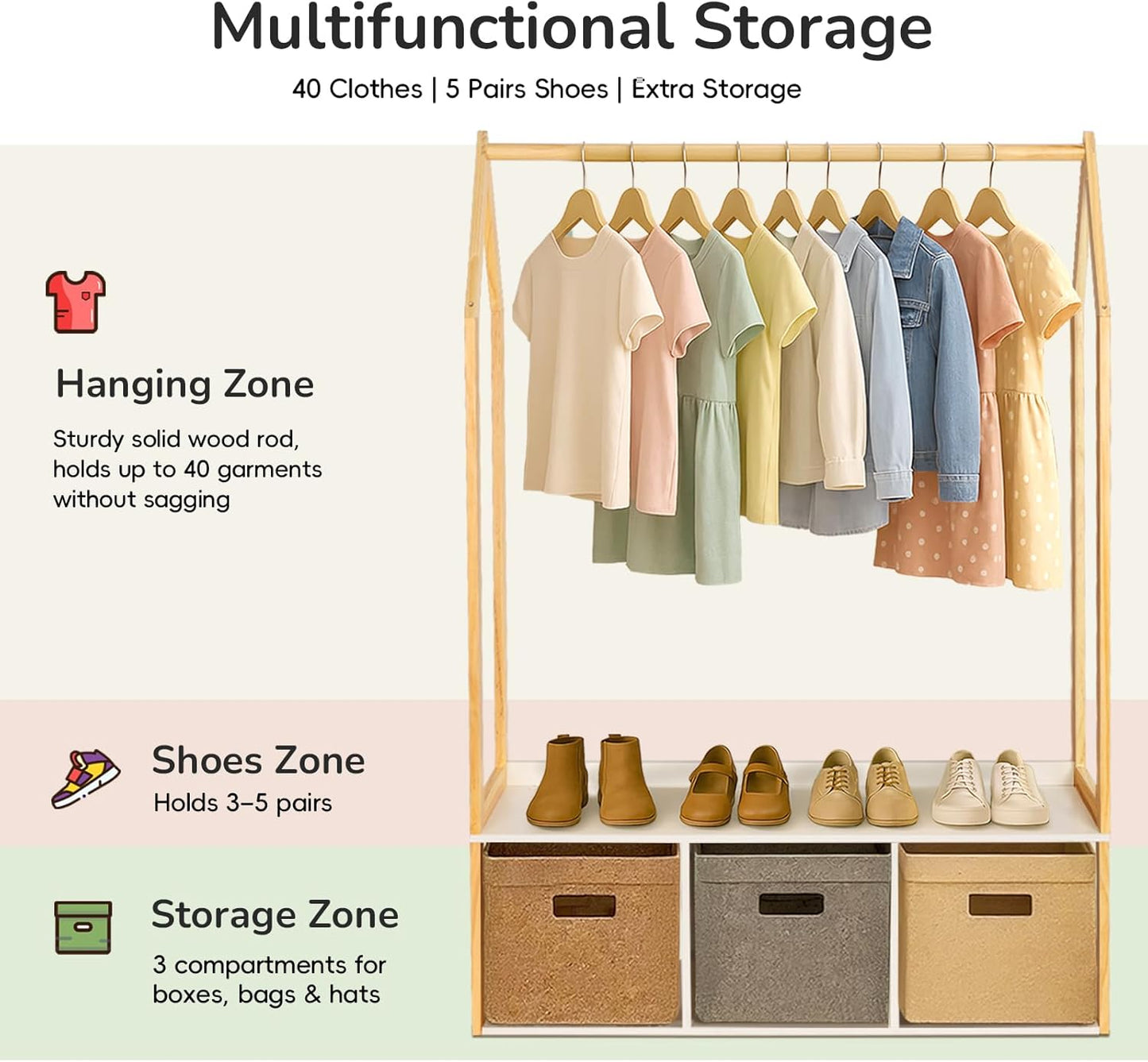 Wood Clothes Rack with Storage, Freestanding Clothing Racks for Hanging Clothes Garment Rack for Bedroom, Entryway, Living Room