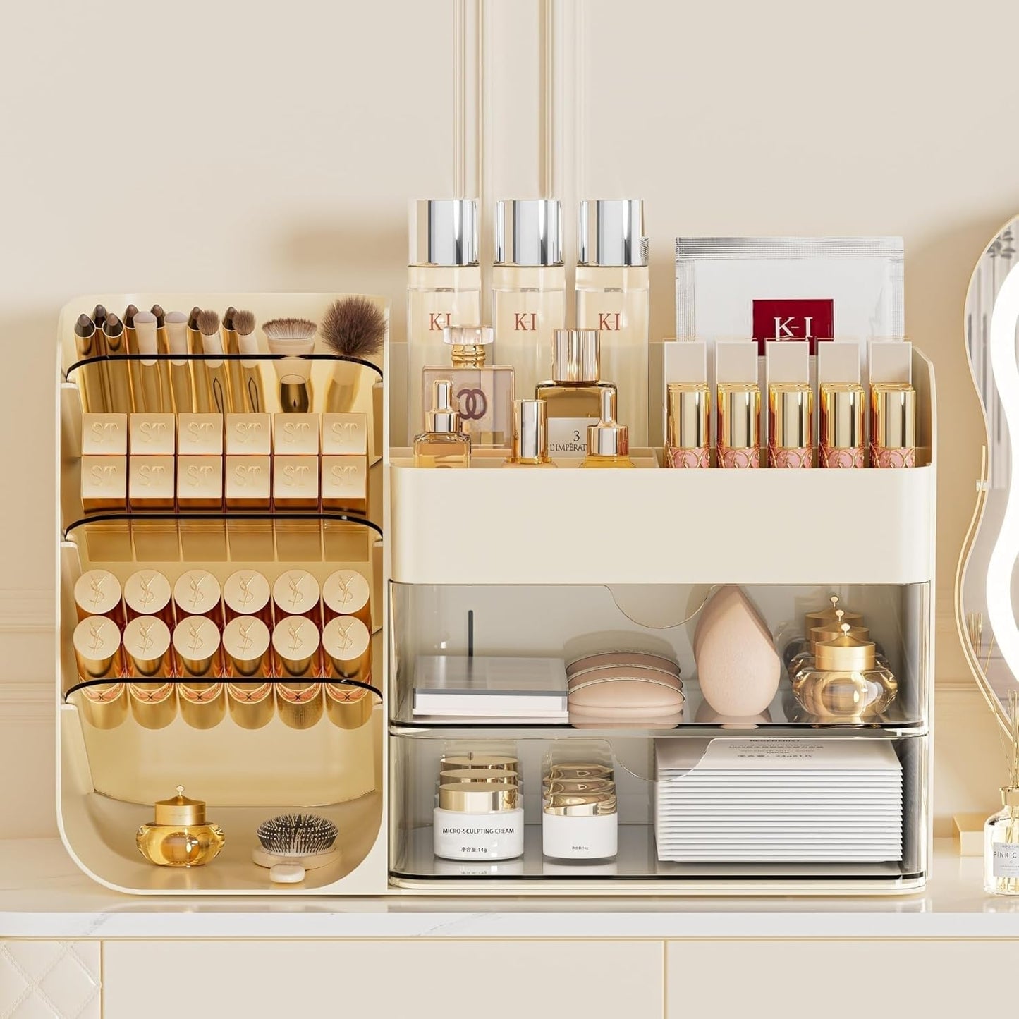 Makeup Organizer with Drawers,Large Capacity Countertop Organizer for Vanity,Bathroom and Bedroom Desk Cosmetics Organizer,Easy To Storage Skincare,Brushes, Eyeshadow,Lipstick (Cream, Large)