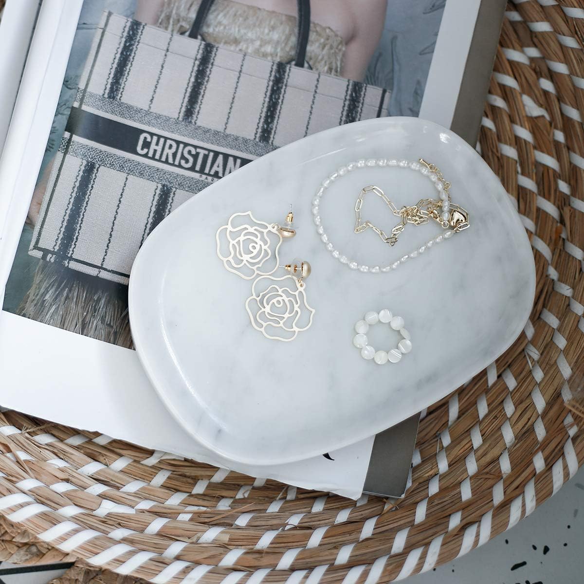 Marble Vanity Tray 7‘’ Decorative Tray Oval Storage Organizer Mini Bathroom Kitchen Dresser Jewelry Dish Ring Holder for Counter, Vanity, Dresser, nightstand or Desk