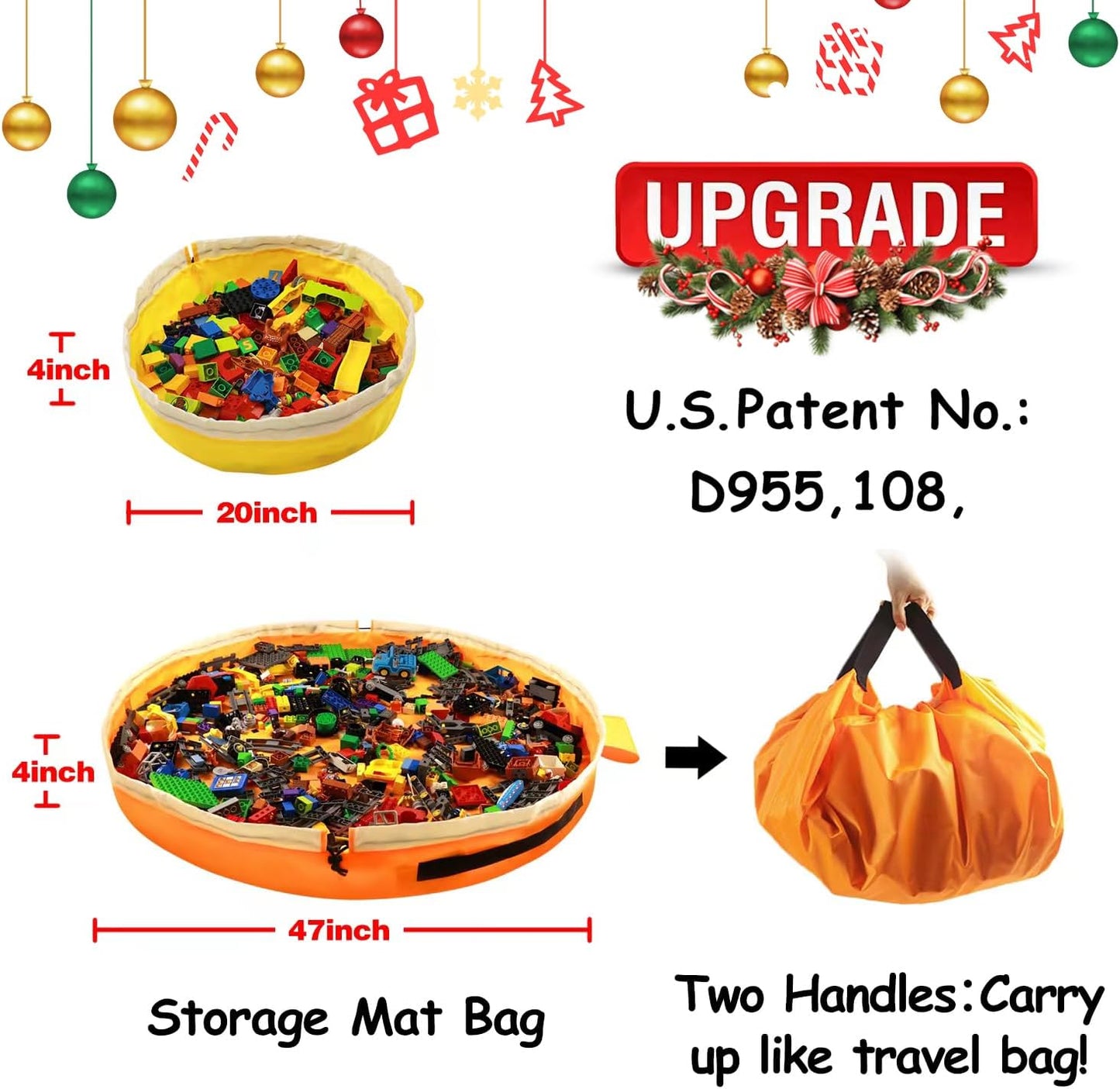 Toy Storage for Lego Play Mat Bag - Duplo Toy Organizer Storage Bag by Drawstring for Kids Tidy Toy with Lips can as Gift (2Pcs = Big Orange + Mini Yellow)