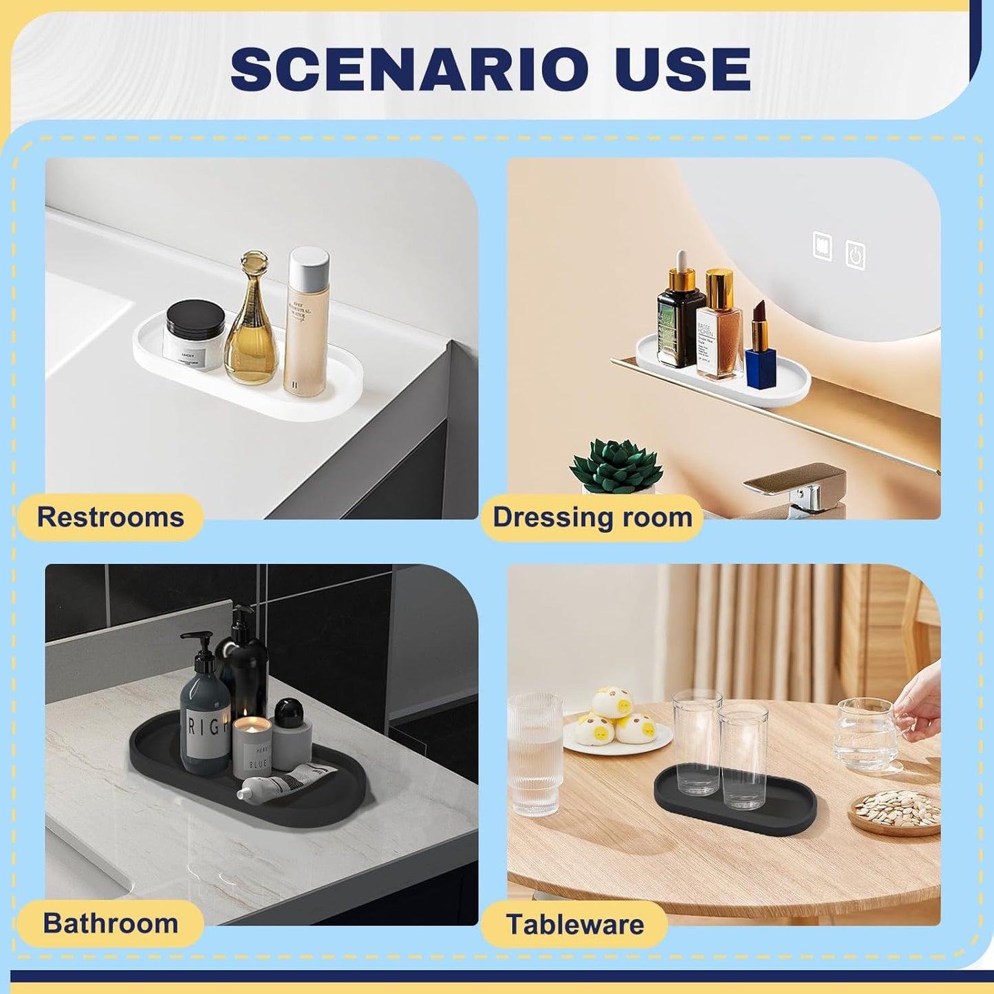 2 Pieces Silicone Shatterproof Bathroom Vanity Tray, 9.8" & 11.8" Oval White Kitchen Counter Tray, Hand Soap Dispenser Tray, Toilet Top Perfume Trays for Dresser Holder Organizer (White)