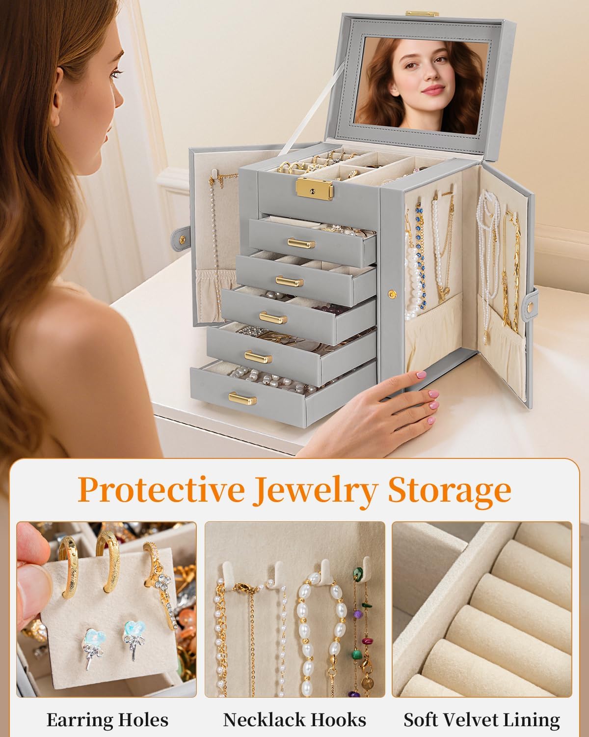 TORIBIO Large Jewelry Box for Women, Leather Jewelry Organizer with Mirror & Lock, 6-Tier Jewelry Storage Case for Girls/Women/Mothers, Necklace Earring Bracelets Holder Organizer
