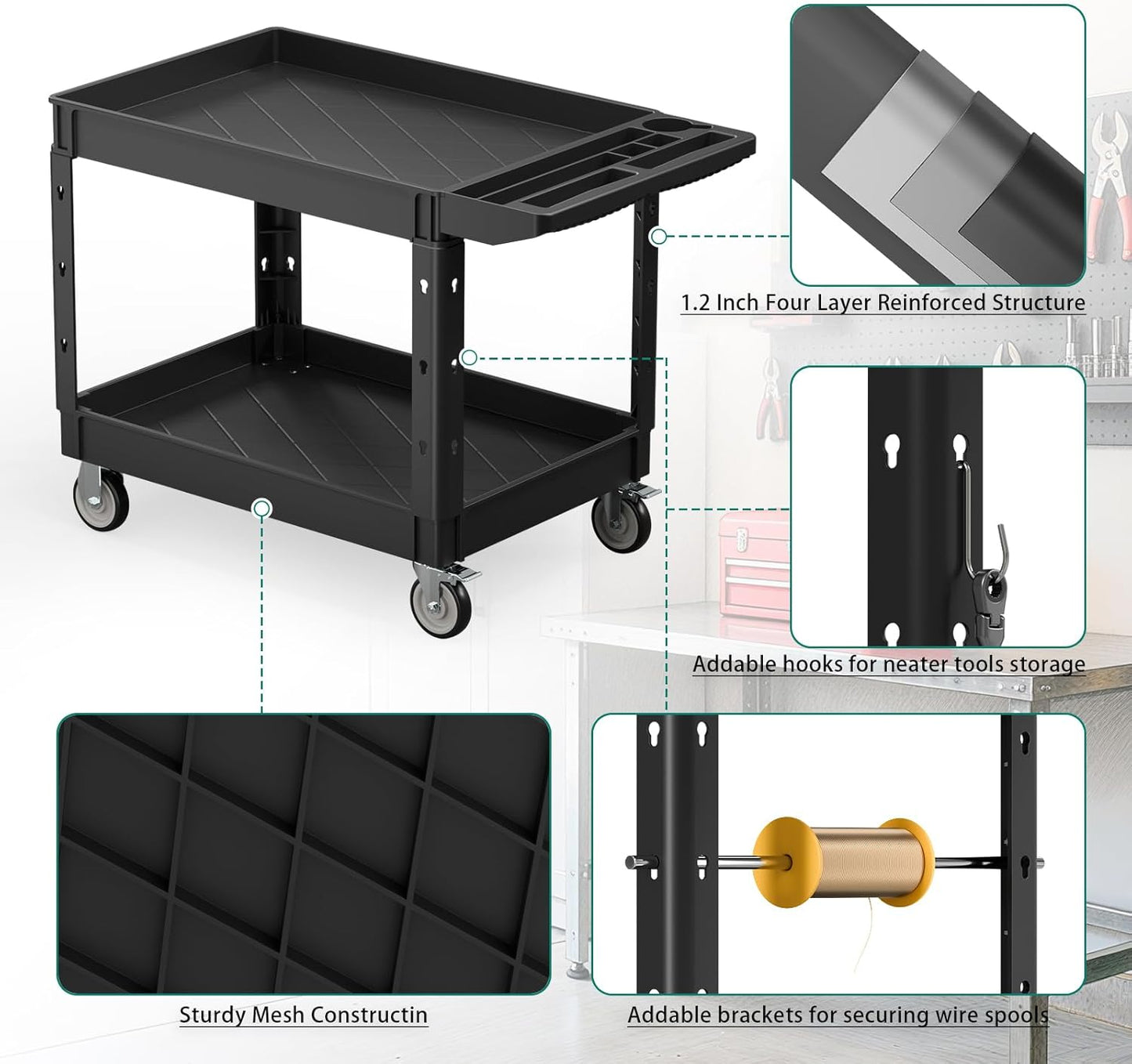 Heavy Duty Utility Rolling Tool Cart, 550 lbs Capacity Plastic Rolling Carts with 360°Swivel Wheels, 40 x 25 Inch Service Cart, 2 Shelf Work Cart for Warehouse,Garage, Cleaning, Black