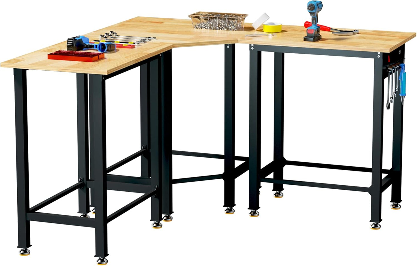 Betterhood 48"/60" Heavy-Duty Adjustable Workbench for Garage, Rubber Wood Shop Table,Hardwood Workstation Weight Capacity Over 1500 Lbs (Rubber Pad/Power Outlets/Ruler/63 x21.7 x35.8)