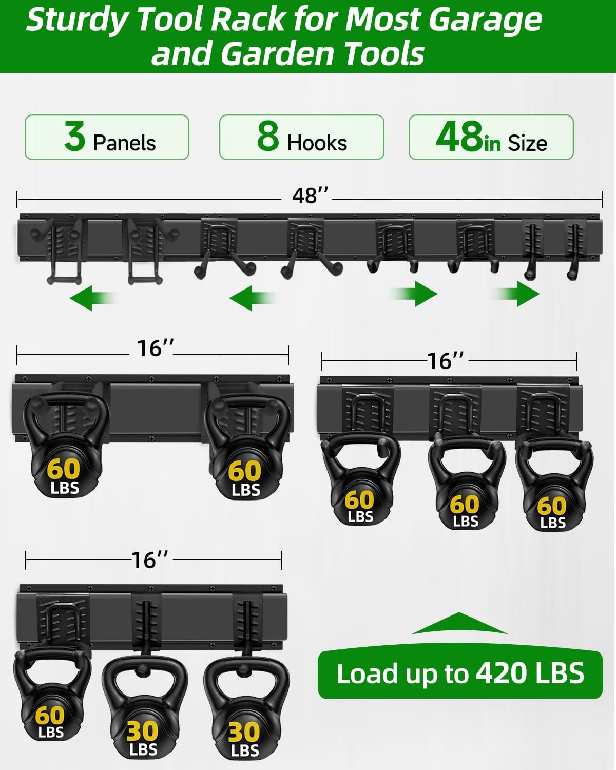 Garden Tool Organizer 48 in with 18 Garage Hooks, Heavy Duty Garage Wall Hooks for Hanging Ladder, Bike, Tool Storage Rack for Yard Tools, Shovel, Shed (23 Pack)