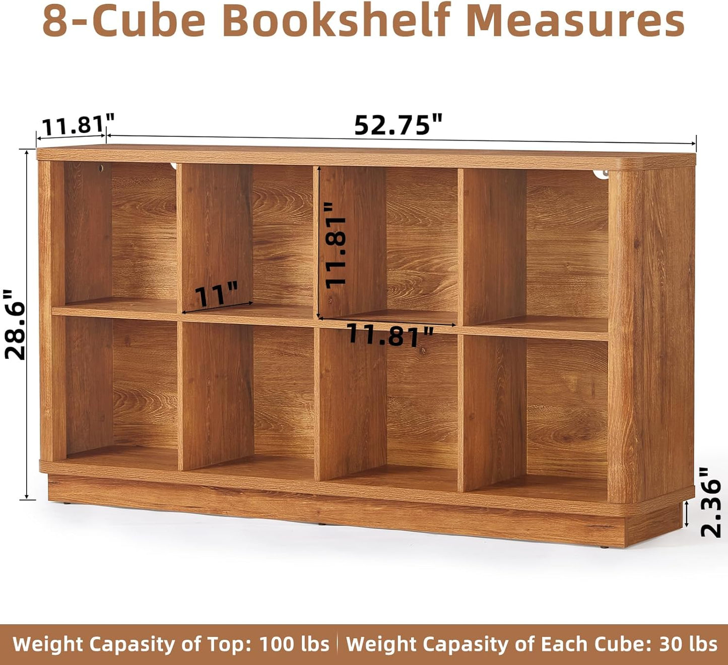 8 Cube Storage Book Shelf, 52" Long Horizontal Bookshelf with Curved Edge, Floor Standing Wooden Cubby Bookcase with Base, Low Modern Console Book Case, TV Stand for Living Room, Brown
