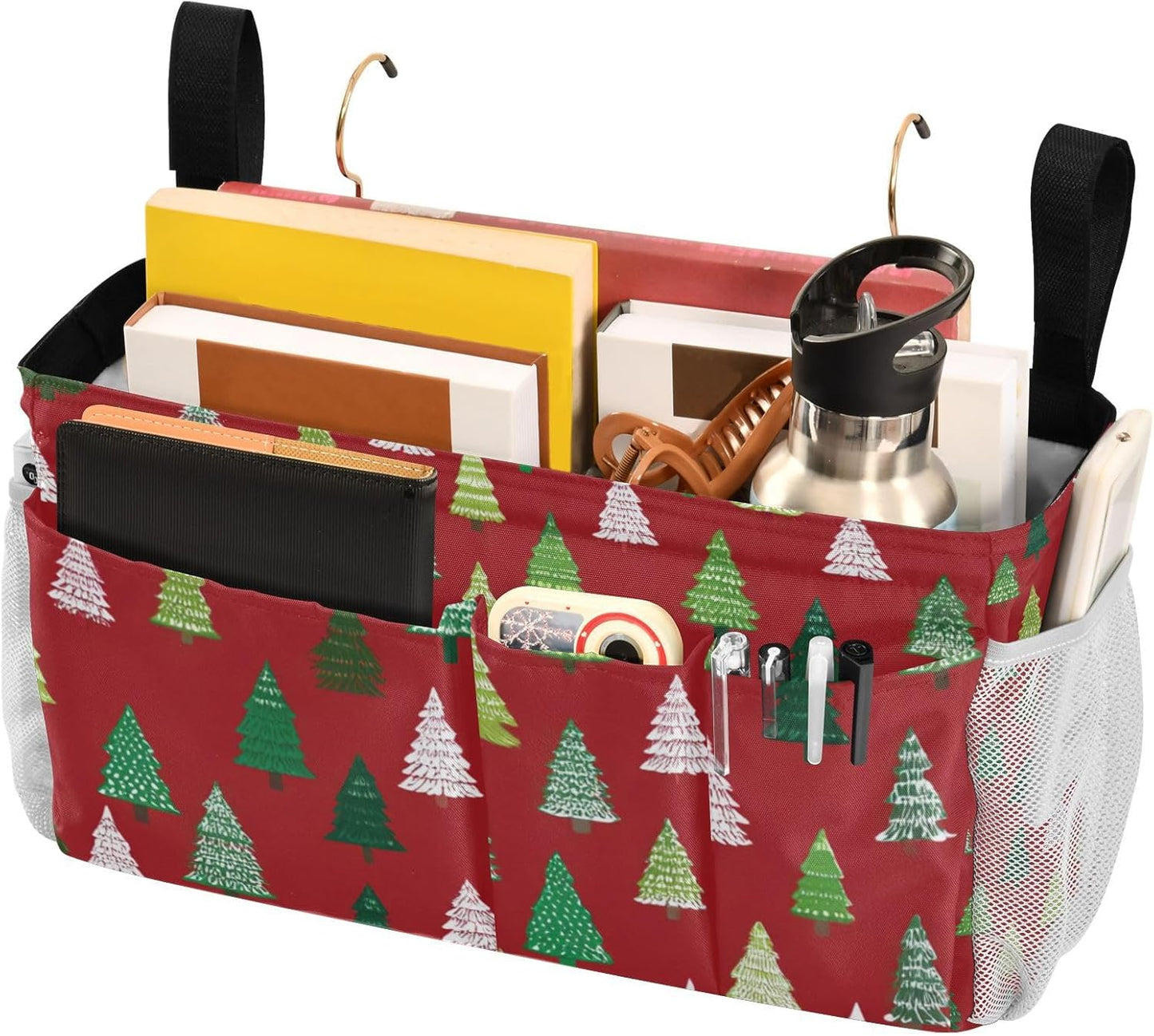 Christmas Trees White Green Bedside Caddy for Dorm Bed Bedside Hanging Caddy Bag Iron Frame Storage Organizer Pocket for Bunk Home College Hospital Beds 2 Hooks