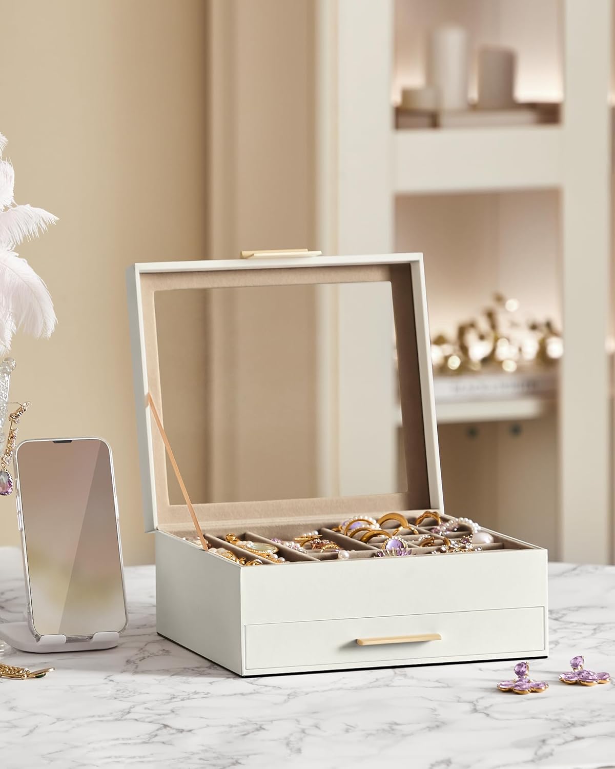 SONGMICS Jewelry Box Organizer with Glass Lid, 2-Layer Jewelry Storage, with 1 Drawer, Modern Style,Christmas Gift, 8 x 9.1 x 4.1 Inches, Cloud White and Gold Color UJBC174W01