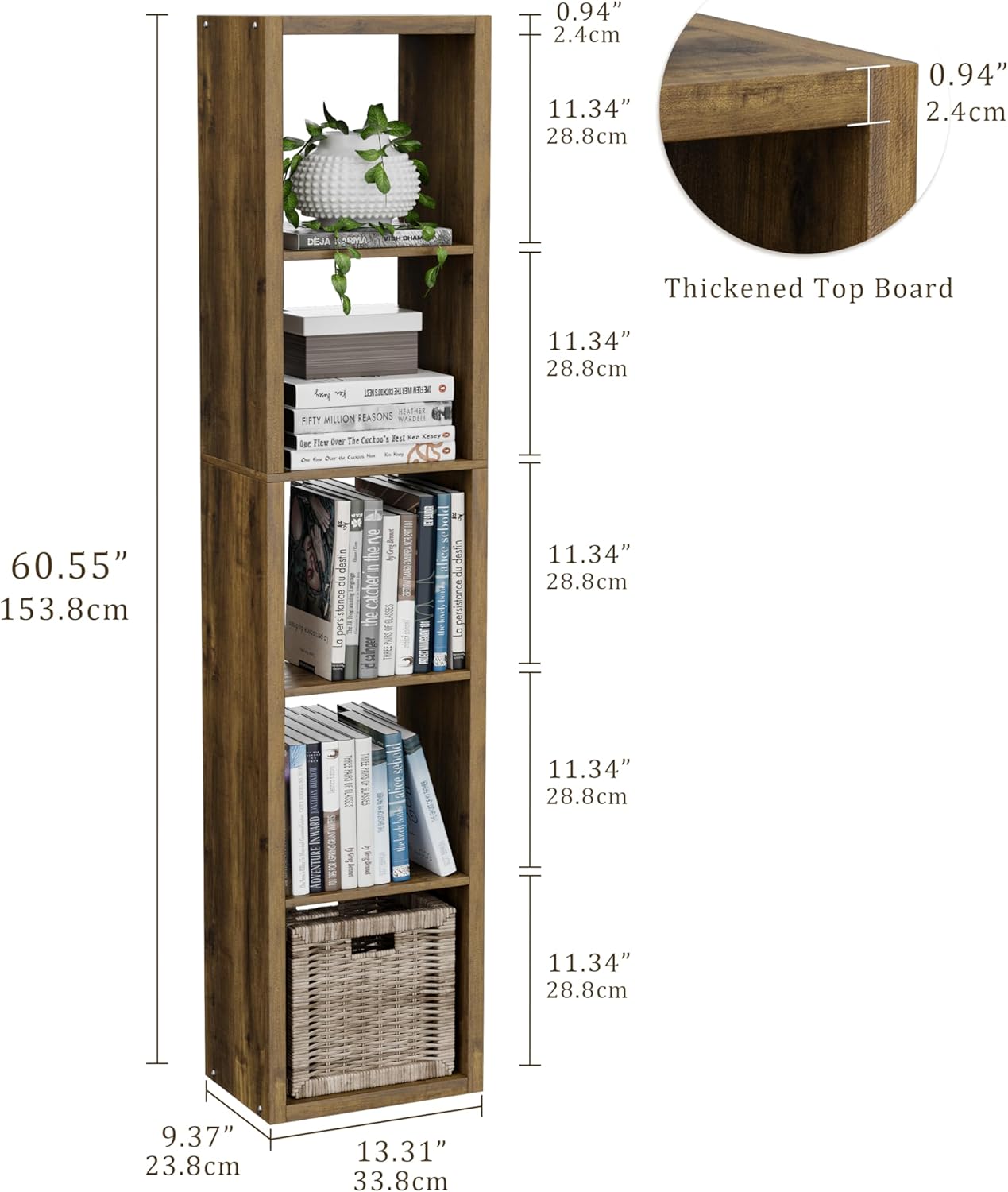 Tall Cube Storage Organizer Bookcase, 5 Tier 11 inch Open Back Cubical Shelf with Thickened Border, Display Bookshelf for Living Room, Home Office, Sturdy Room (Brown, 5 Cube,Vertical)