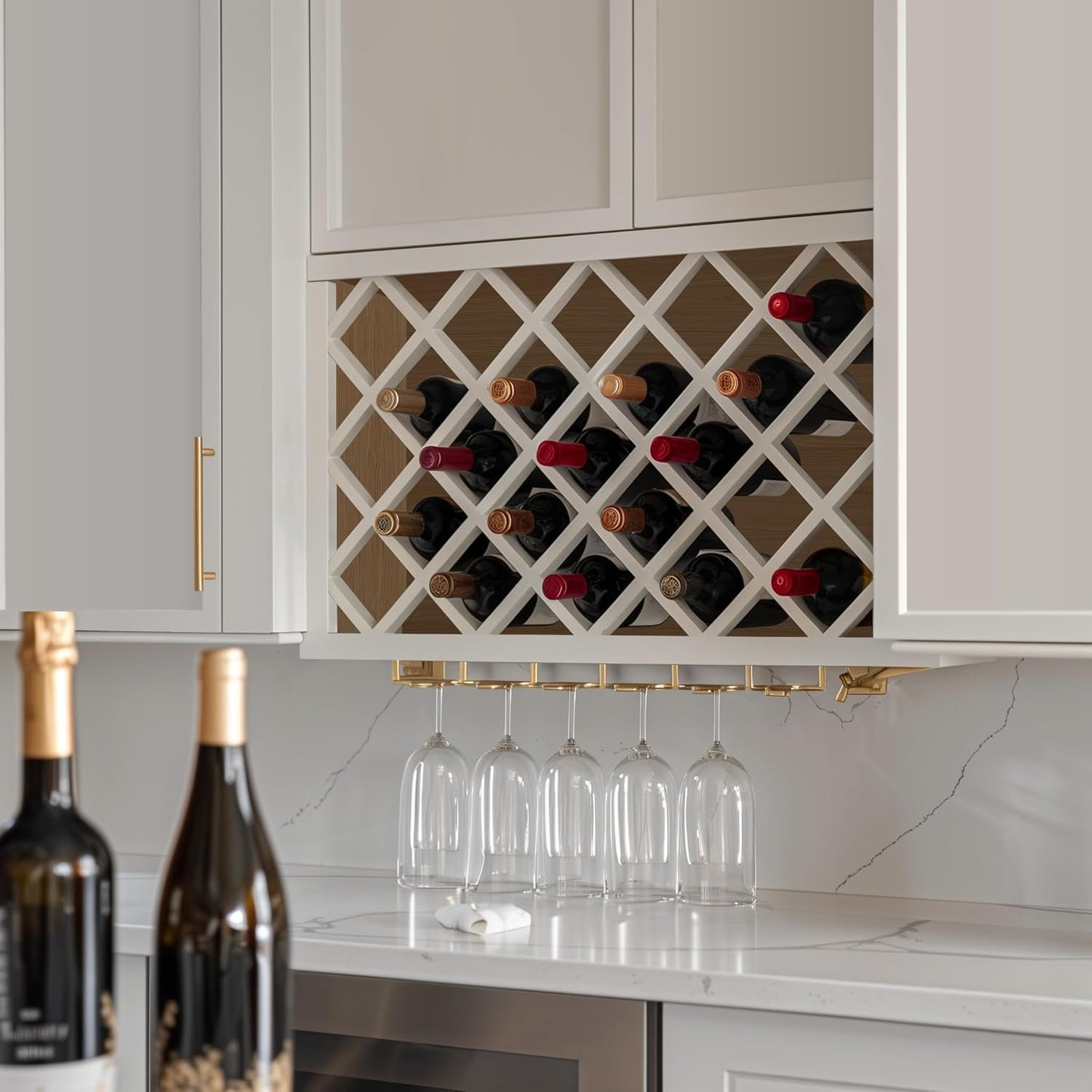 Origami Solid Wood RTA Wine Bottle Rack Wall Cabinet with Lattice Panels - Wine Storage for Bar, Pantry, Cellar & Basement - Mocha (30"W 12"D 15"H)