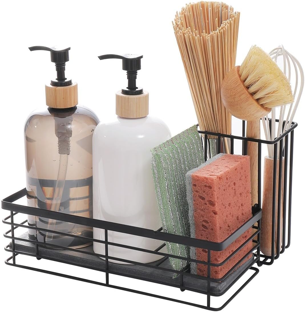 Efficient Sink Caddy with Removable Brush Holder and Water Absorbent Diatomite Stone Tray for Sponges