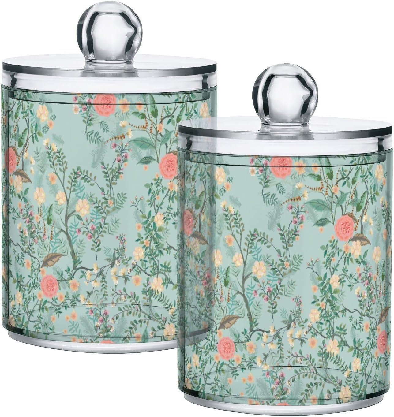 Vintage Floral Green 2 Pack Qtip Holder Dispenser for Cotton Ball, Swab, Pads - Clear Plastic Apothecary Jars with Lids for Bathroom Organizer, 10 oz