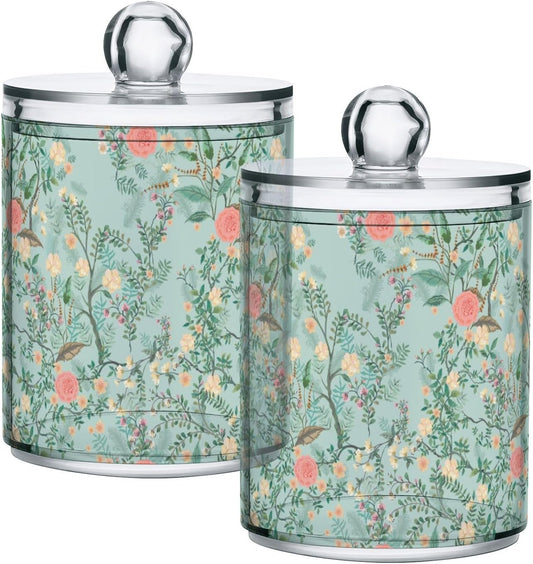 Vintage Floral Green 2 Pack Qtip Holder Dispenser for Cotton Ball, Swab, Pads - Clear Plastic Apothecary Jars with Lids for Bathroom Organizer, 10 oz