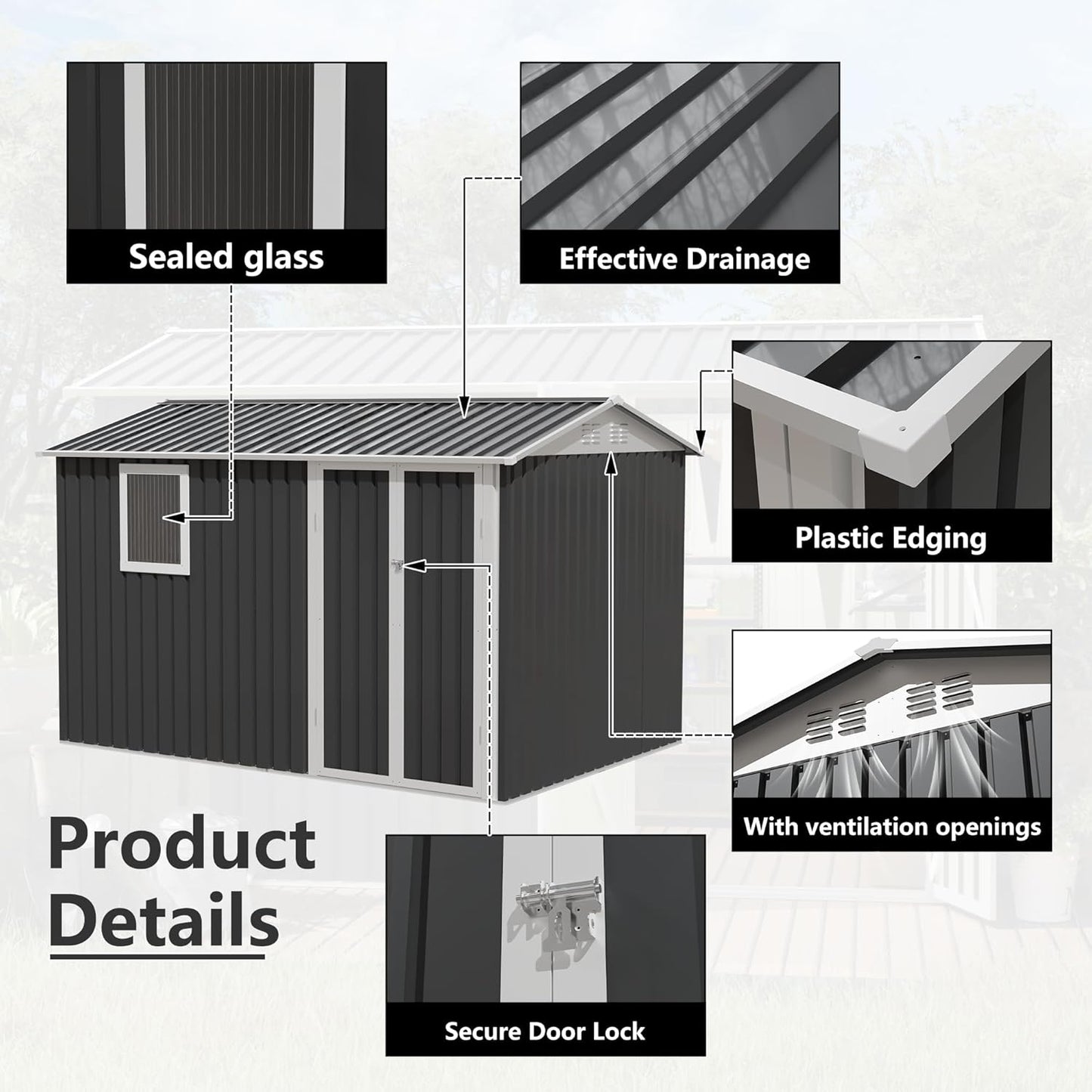 KEIKI 9x6 FT Metal Storage Shed with Window, Large Outdoor Backyard Shed for Tools & Equipment, Durable Galvanized Steel Garden Shed for Patio or Tiny House Use, Gray