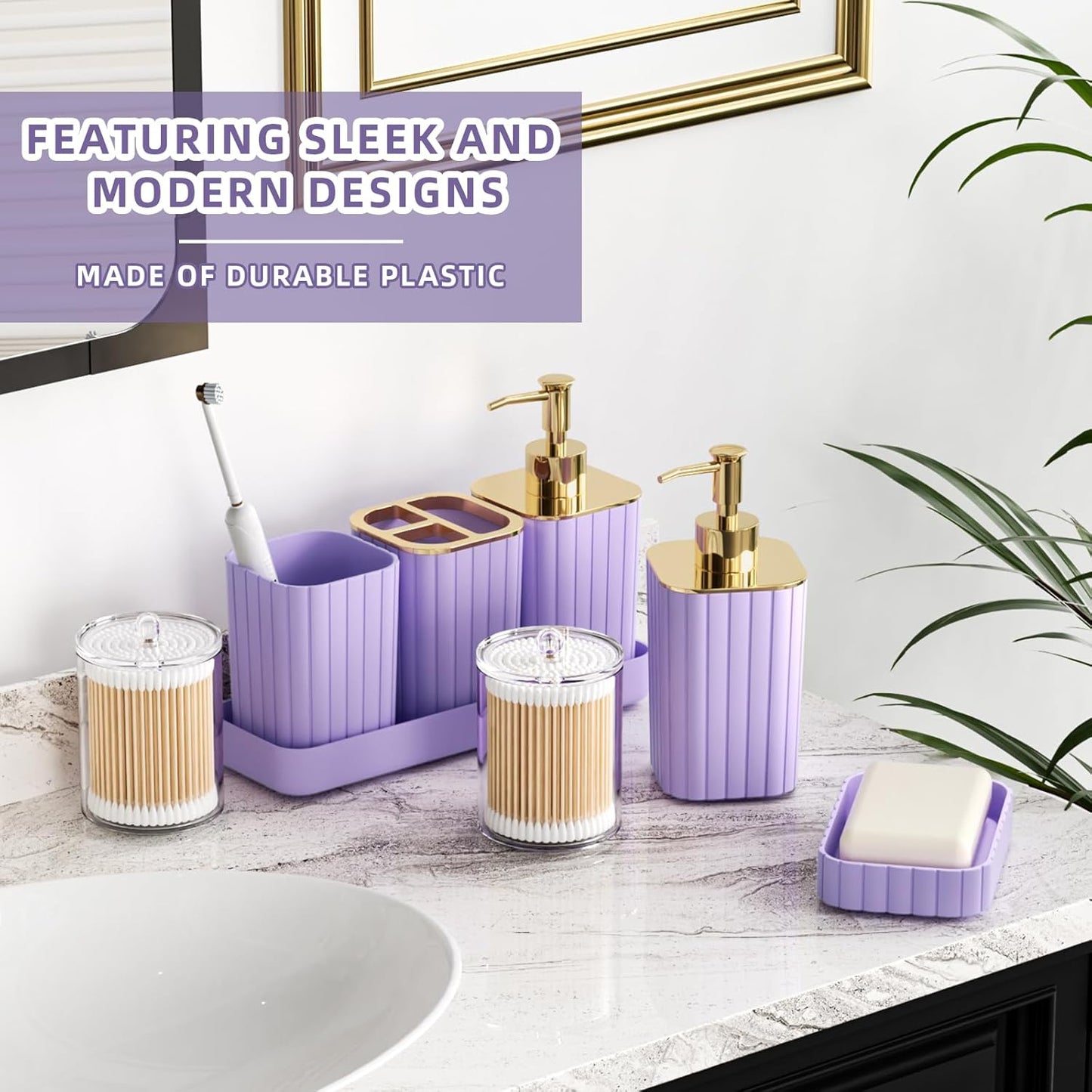 Bathroom Accessories Set - 25PC Bathroom Sets with Shower Curtain and Rugs, Purple Bathroom Set with Trash Can, Soap Dispenser, Soap Dish & Toilet Brush