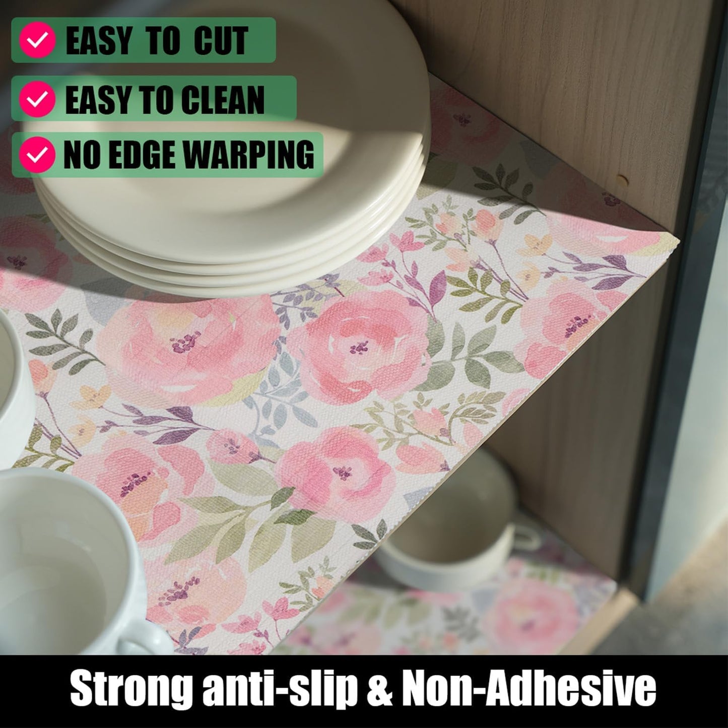 Peach Peony Shelf and Drawer Liner for Kitchen,Non-Adhesive and Strong Non-Slip Floral Cabinet Drawer Liners for Kitchen Shelf, Waterproof Cupboard Liners,Easy to Clean,12IN x 10FT