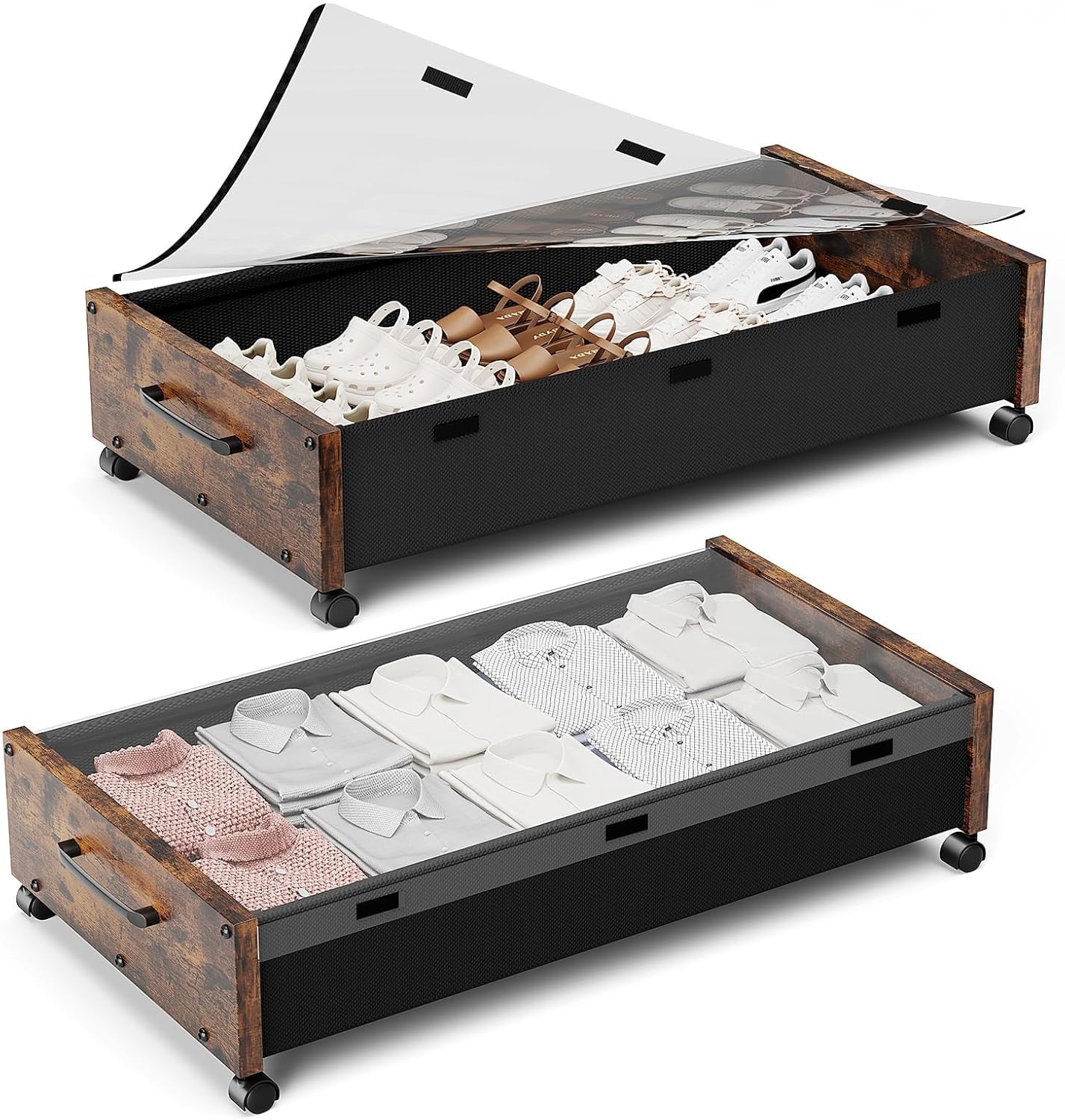 Under Bed Storage with Wheels, Rolling Underbed Storage Drawers, Wooden Under the Bed Storage with Remove Lid, Large Metal Storage Bins for Shoes Blankets Clothes Bedrooms Dorms (Vintage Brown-2pack)