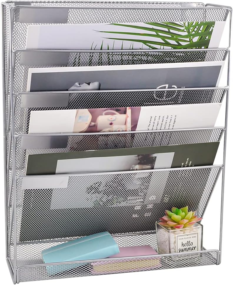 EASEPRES Desk File Organizer Mesh 6-Tier, Hanging Wall Mount Document Organization Stand, Desktop Vertical Mail Paper Folder Holder Rack with Bottom Tray for Office Home Cubicle Countertop, Silver