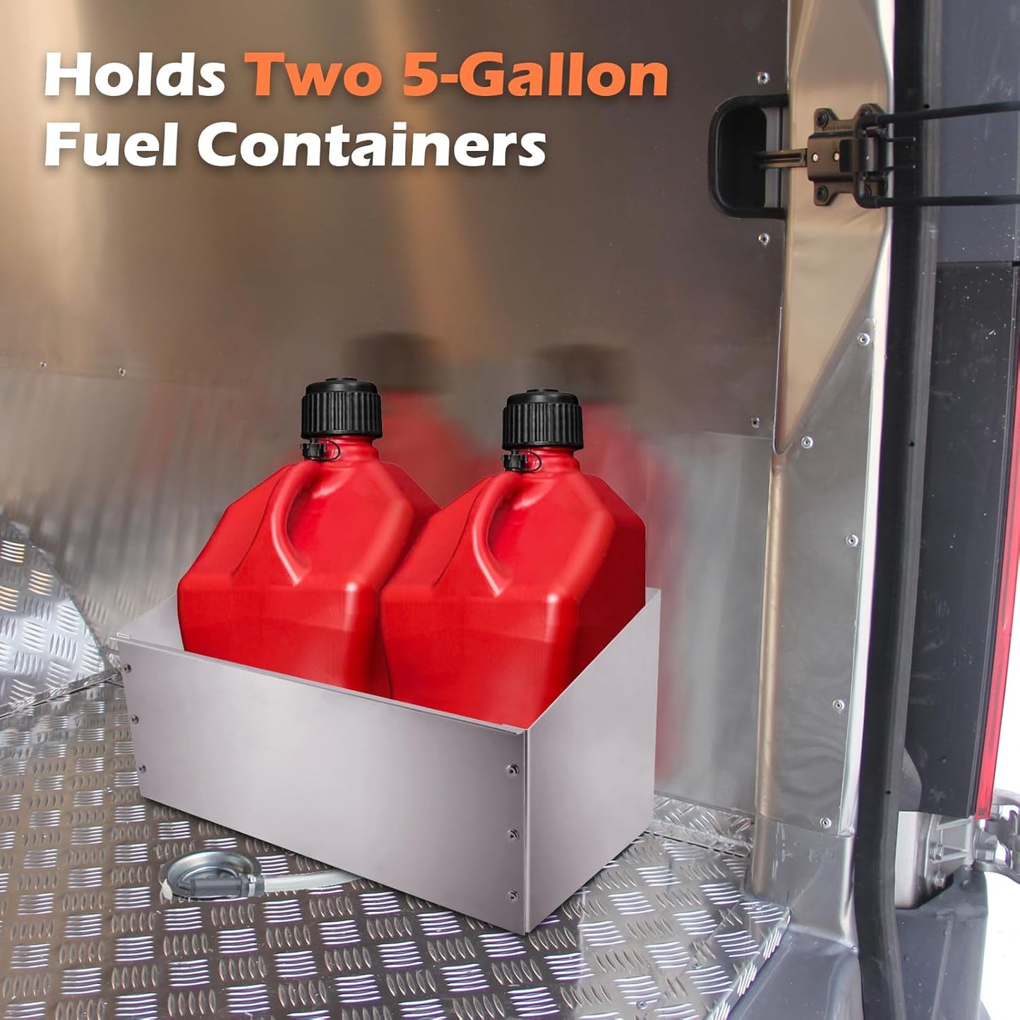 Aluminum Fuel Jug Holder Rack, Gas Can Mount fits Two 5 Gallon Fuel Containers with Base Dimensions Under 11 Inches (Three-Sided Support)