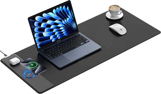 TopMade Mouse Pad with 15W Fast Wireless Charging, 35.43"x15.75" XXXL Large Gaming Waterproof Desk Pad with Ultra-Smooth Surface, Non-Slip Base, Classic Black Computer Desk Mat for MacBook, PC, Laptop