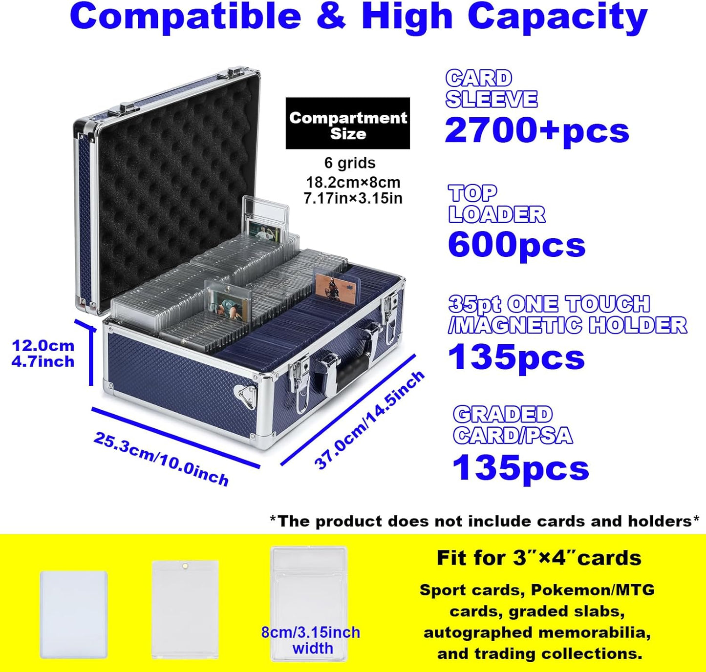 Multi color Card Storage Hard Case, Sports Card Collection Boxes,Trading Cards Cabinet, Card Holder, Toploader Box (Blue, Large)