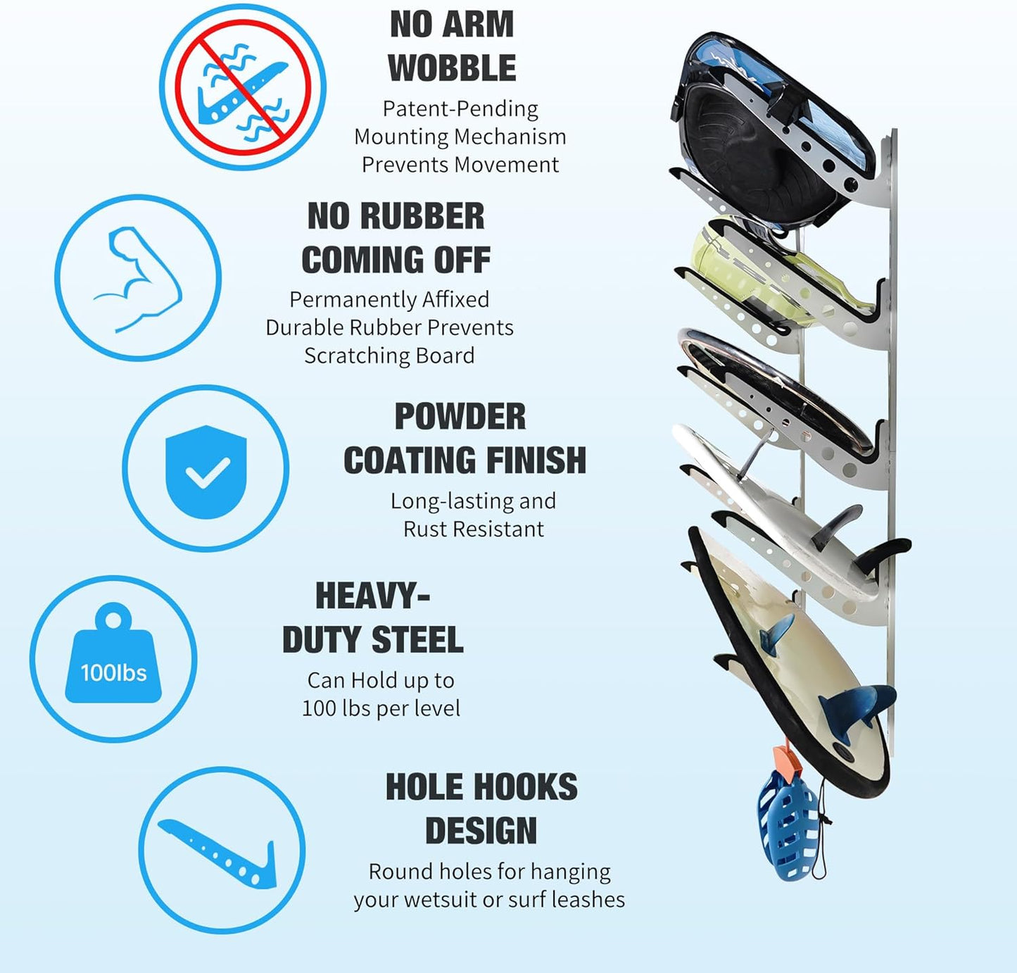 5 Board Surf Rack Wall Mount for Surfboard, Wakeboard, Snowboard Storage Adjustable Wall Hangers Boards Display