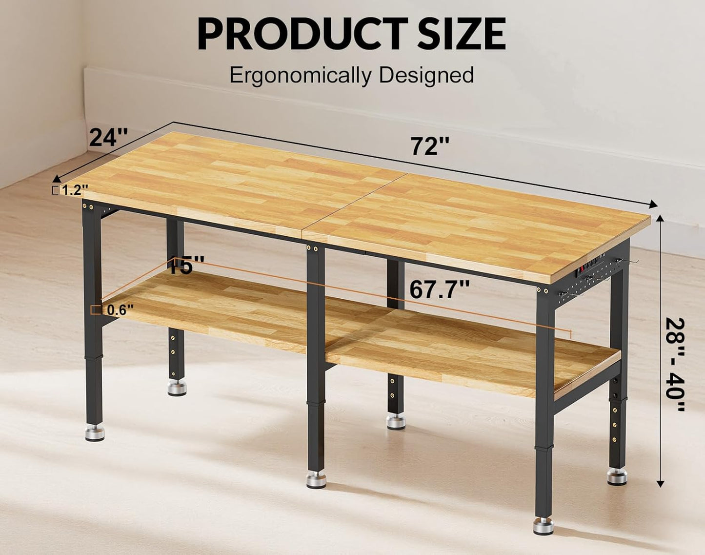 72”Heavy Duty Work Bench, 2-Layer Adjustable Workbench, 5000 LBS Capacity Work Bench with Power Outlet & Pegboard, Rubber Wood Work Table for Garage, Workshop, Office, Home