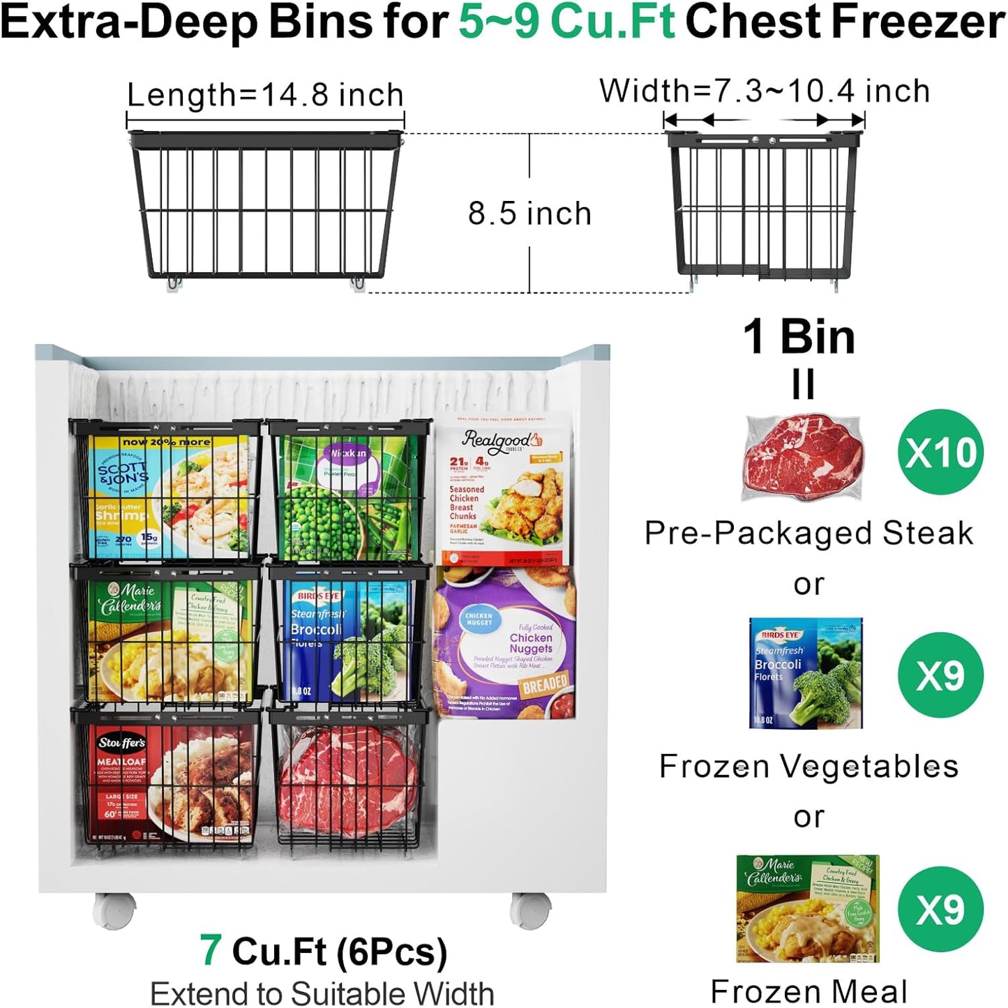 iSPECLE Freezer Organizer Bins - Fit 5 to 9 Cu.Ft, 6 Pack Adjustable & Extra Large Chest Freezer Organizer Bins for Deep Freezer, Easy Organize Basket Store More, Stackable No Wasted Space, Black