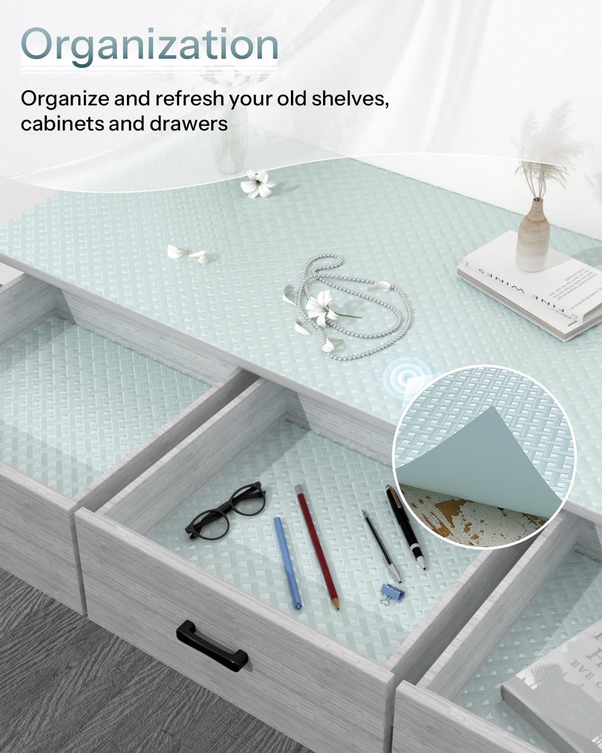 Shelf and Drawer Liner for Kitchen Cabinet, Non-Adhesive 18in x 120in Waterproof Contact Paper Refrigerator Liners Thickened Durable EVA Material Non Slip Mat for Dresser Cupboard Pantry Protector